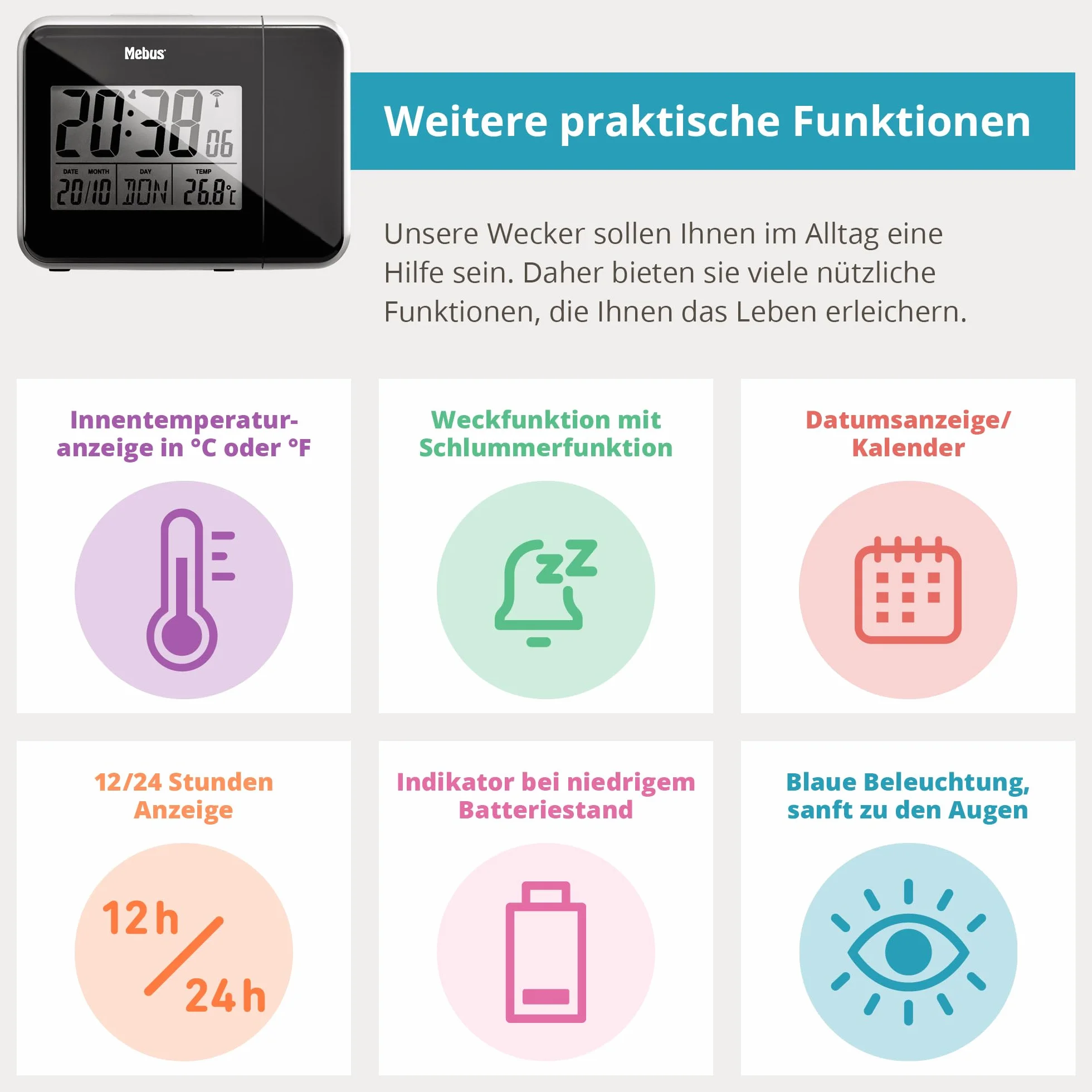 Mebus cyfrowy radiobudzik z projekcją czasu na ścianie sufitowej, w tym wtyczka zasilania, możliwość pracy na baterie, projekcja ciągła, obrotowy, termometr/kolor: czarny/model: 42425