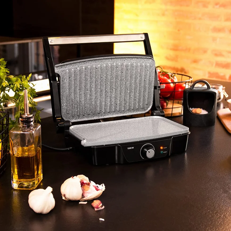 Cecotec Grill elektryczny Rock'nGrill 1500 Kamienna Ceramika Mix&Grill. 1500 W, Grill, Grill, Żelazko i Sandwicher, Powłoka ceramiczna, Mieszane Superfie, Otwarcie 180º, Szuflada zbieracza