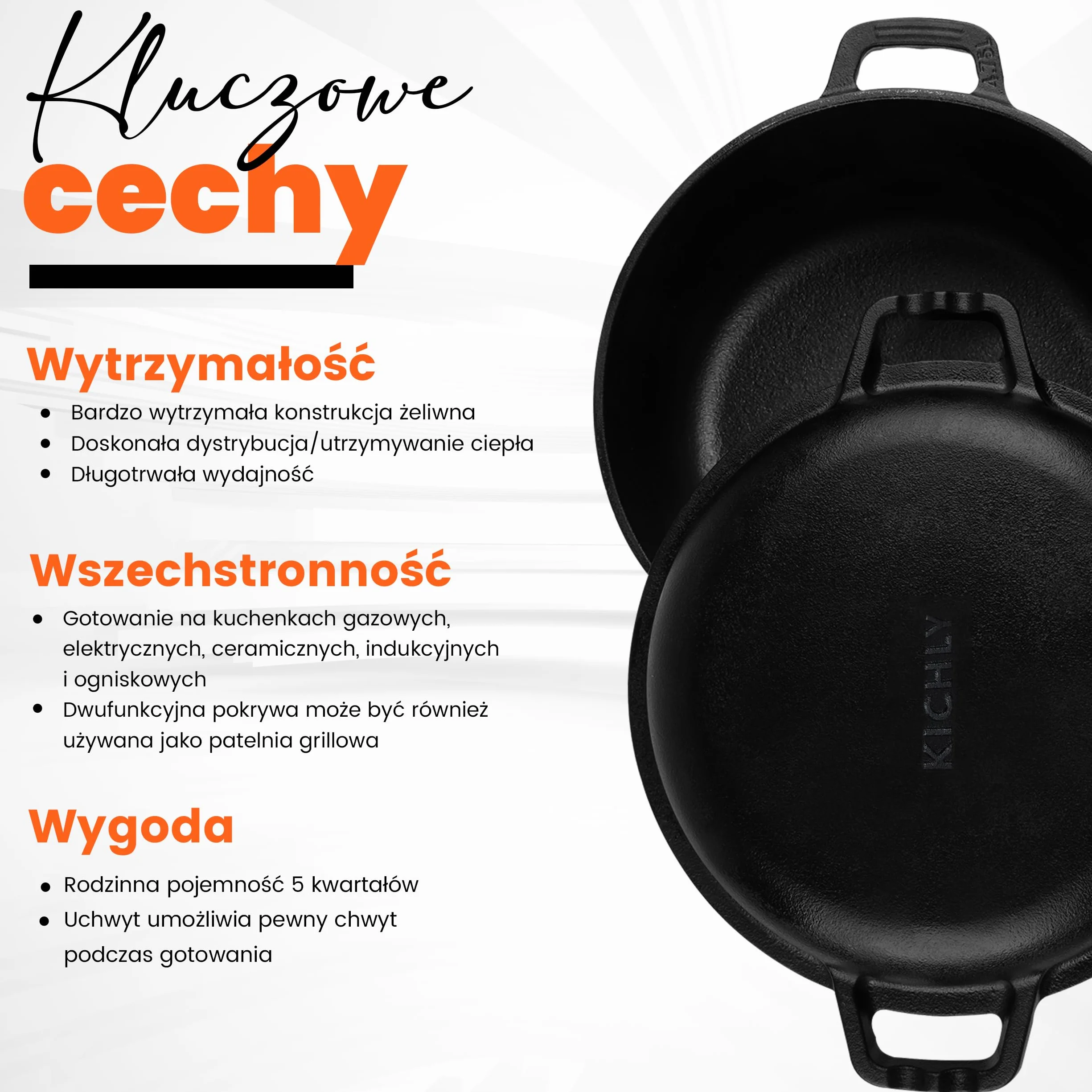 Kichly Żeliwny Garnek Holenderski 2 w 1 z Pokrywką do Grillowania i Gotowania