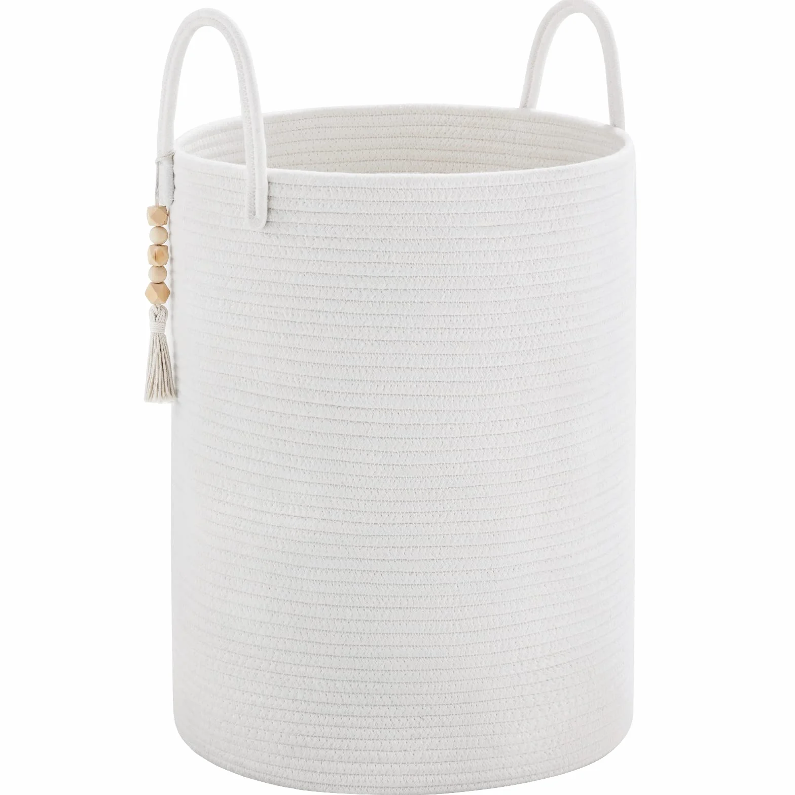 YOUDENOVA Kosz na pranie pleciony, zbieracz bielizny, przechowywanie zabawek, kosz do przechowywania z uchwytem, ręczna robota z bawełny (czysta biel, 38cm(Ś) x 50cm(W))