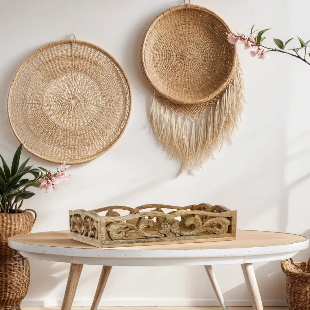 Marrakesch Boho dekoracyjna prostokątna drewniana taca do serwowania, 25 x 15 cm, brązowe drewno, 100% drewno, idealna do kuchni, salonu, dekoracji sypialni i śniadania w łóżku