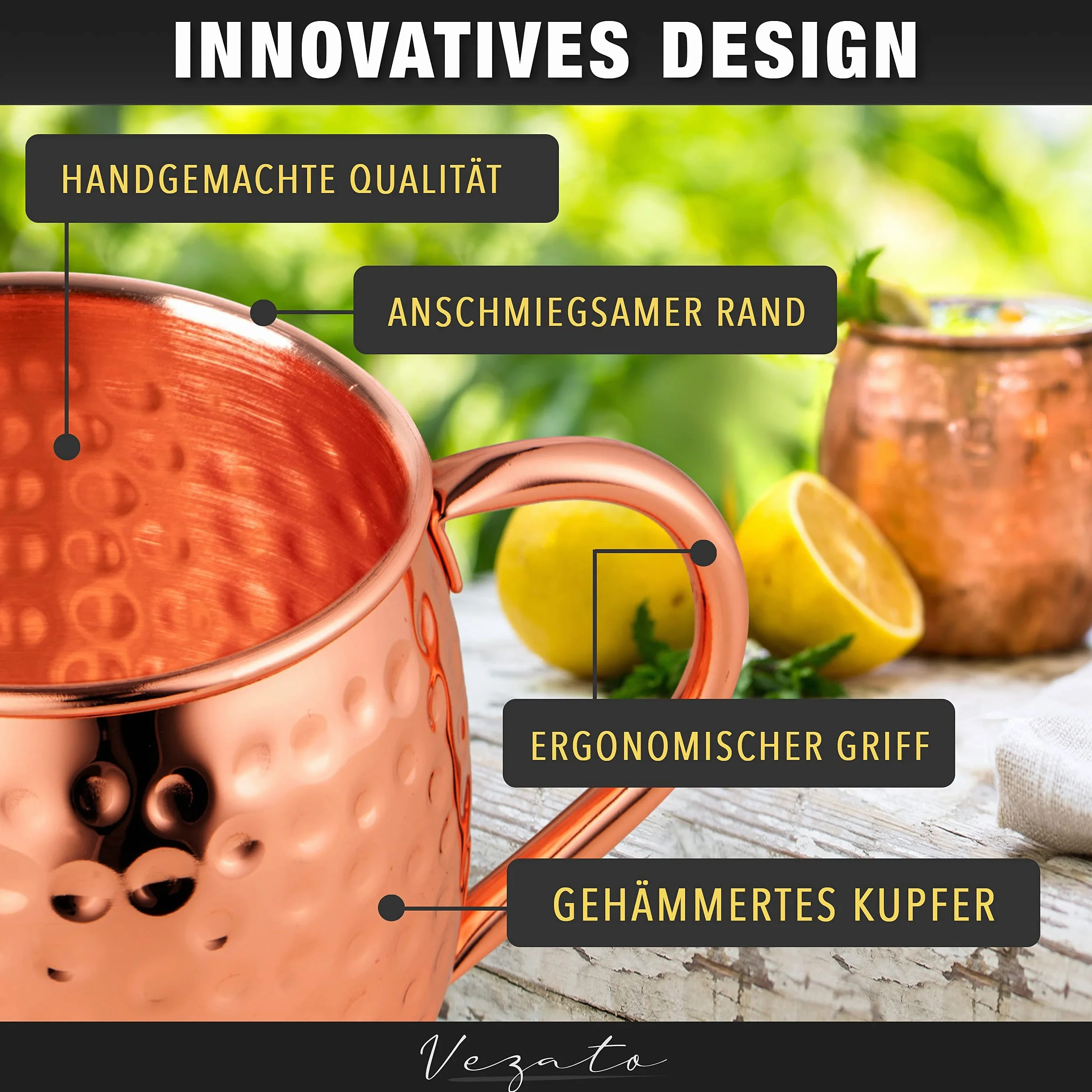 Vezato Kubek do Moscow Mule, 500 ml, młotkowany kubek miedziany, ze słomkami, ręcznie wykonany, zestaw 4 sztuki, nierdzewny