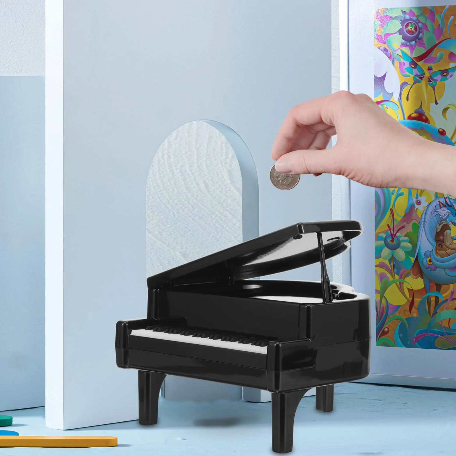 Plastikowa skarbonka fortepianowa figurka na pieniądze pudełko do przechowywania monet instrument muzyczny