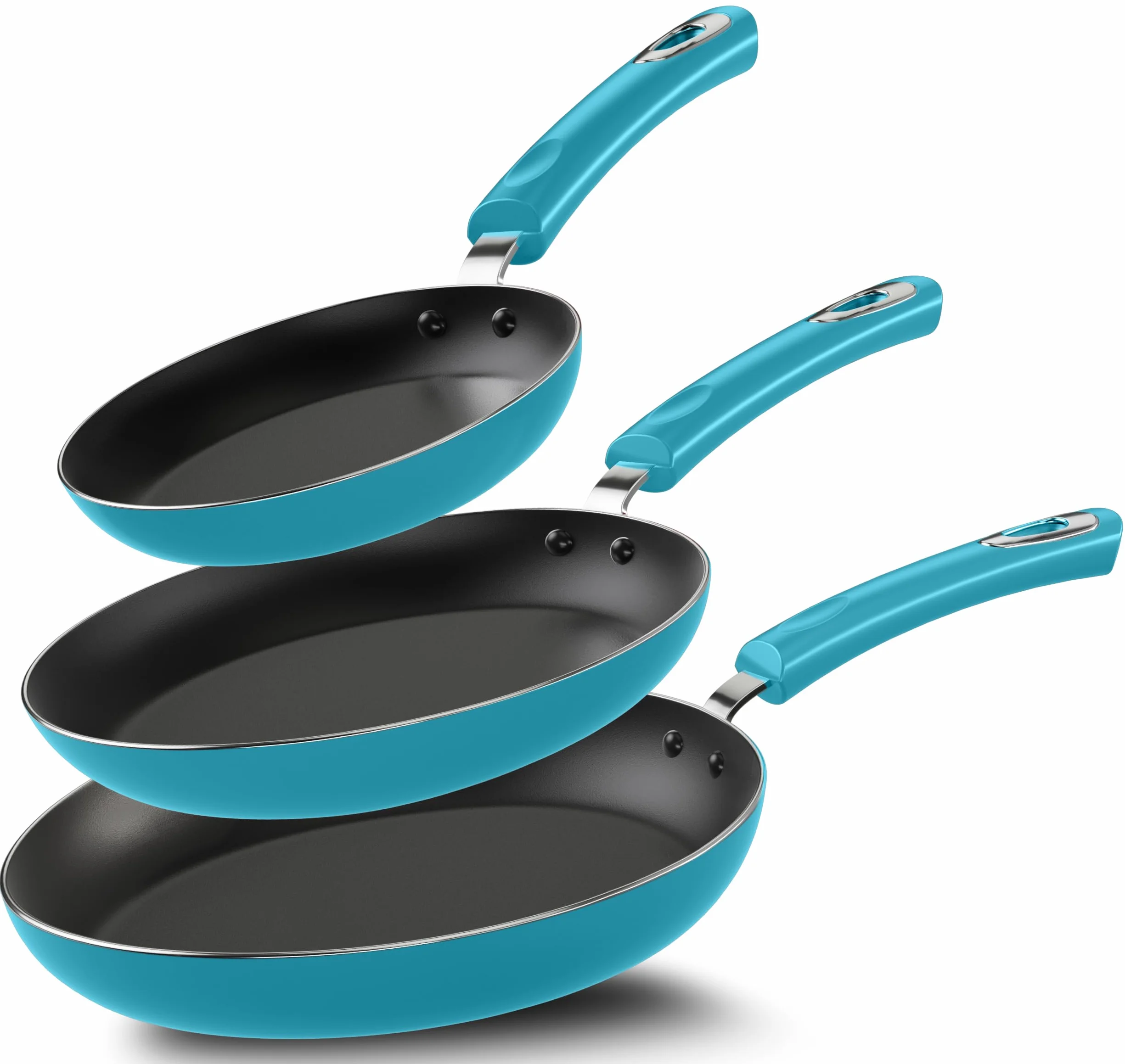 KICHLY Zestaw aluminiowych patelni z powłoką nieprzywierającą - 3-częściowy zestaw patelni z dnem indukcyjnym, 20 cm, 24 cm i 28 cm, turkusowy