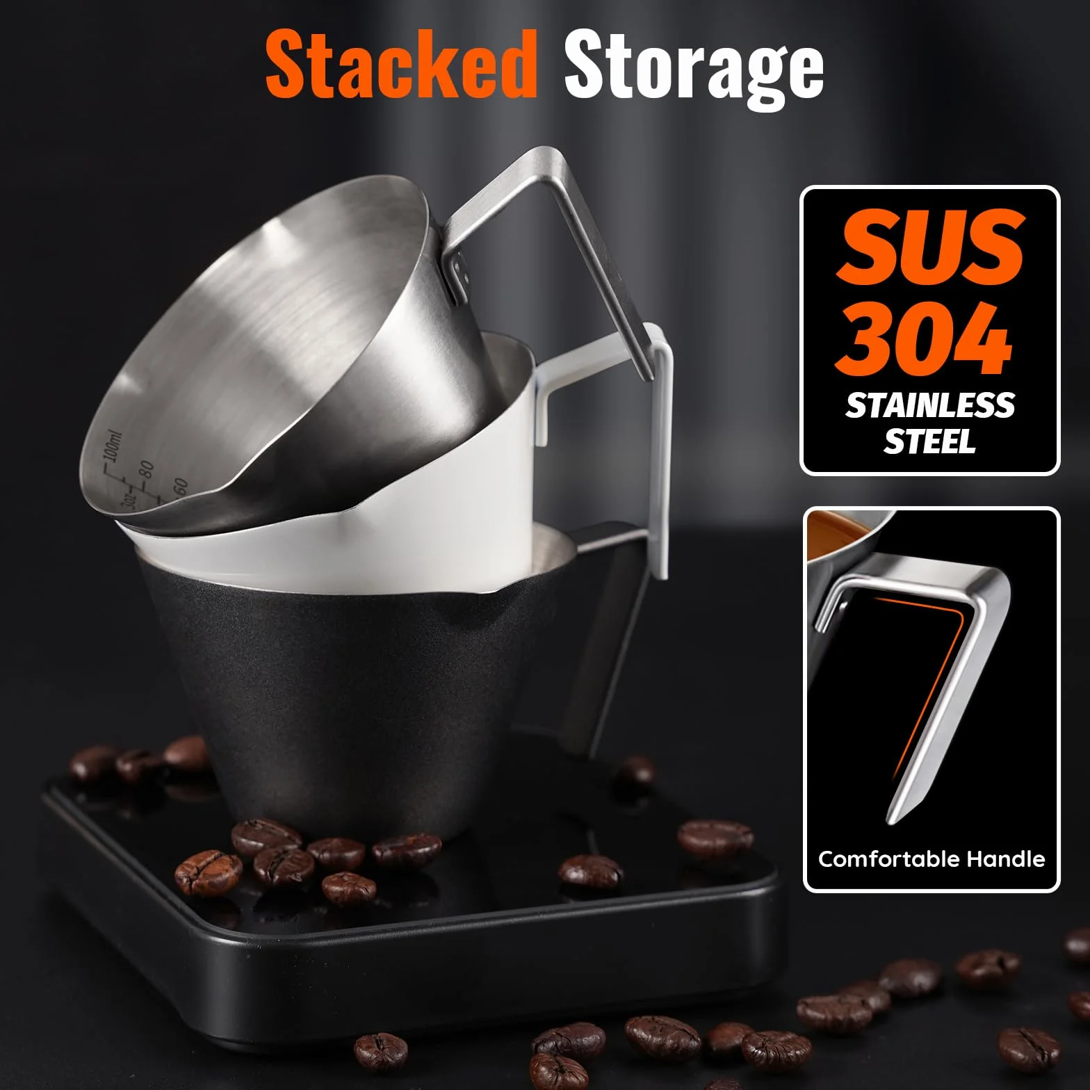 YARRAMATE Kubek do espresso z uchwytem, akcesoria do ze stali nierdzewnej, podwójna wylewka, metalowy kubek pomiarowy z podwójną skalą, kieliszek do z ustnikiem w kształcie litery V,
