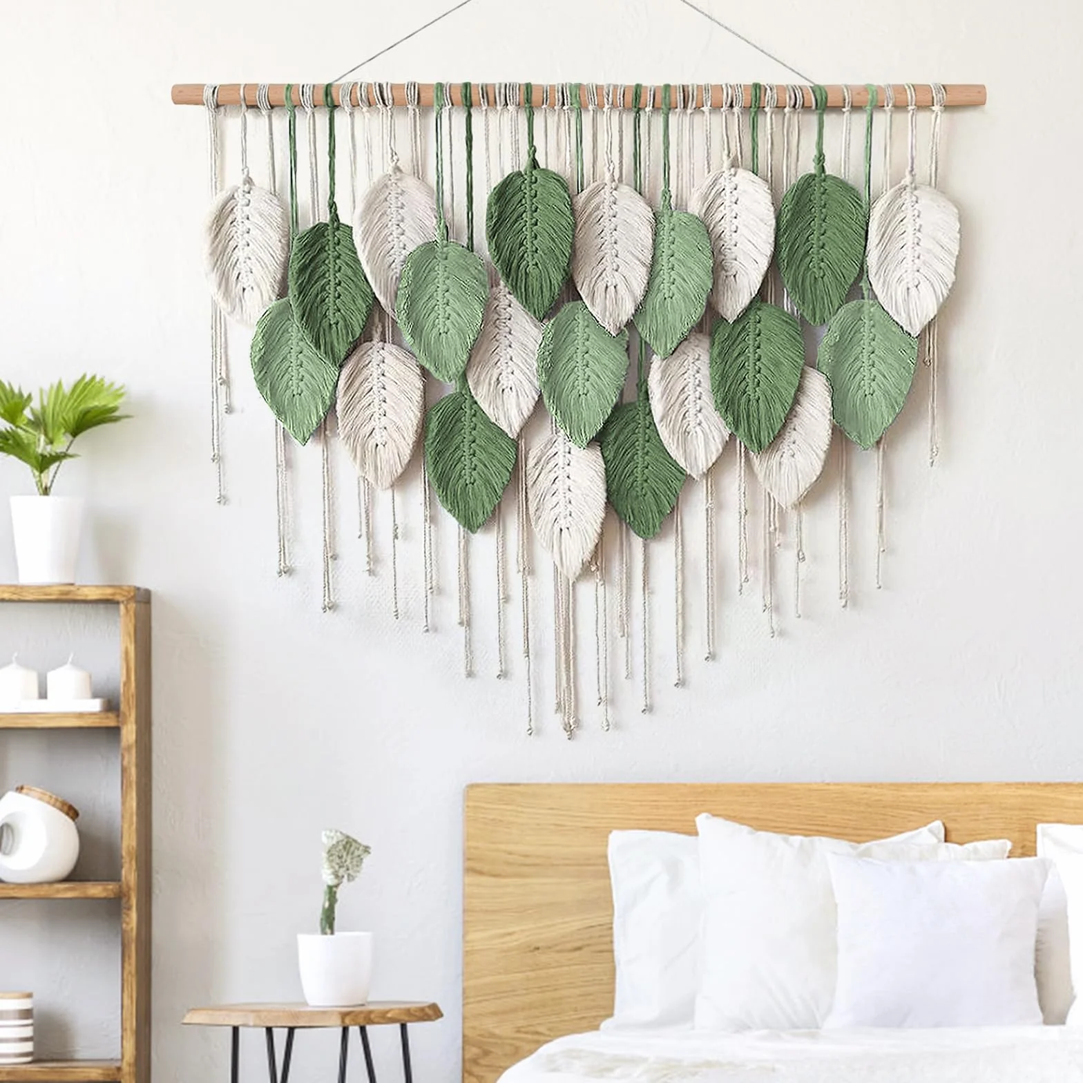 Weldomcor Makrama wisząca na ścianę, duży tkany gobelin, wisząca na ścianie, makrama boho, dekoracja ścienna z liśćmi, ozdoba z piórami, elegancka sztuka tkana, dekoracja do sypialni, salonu (D)