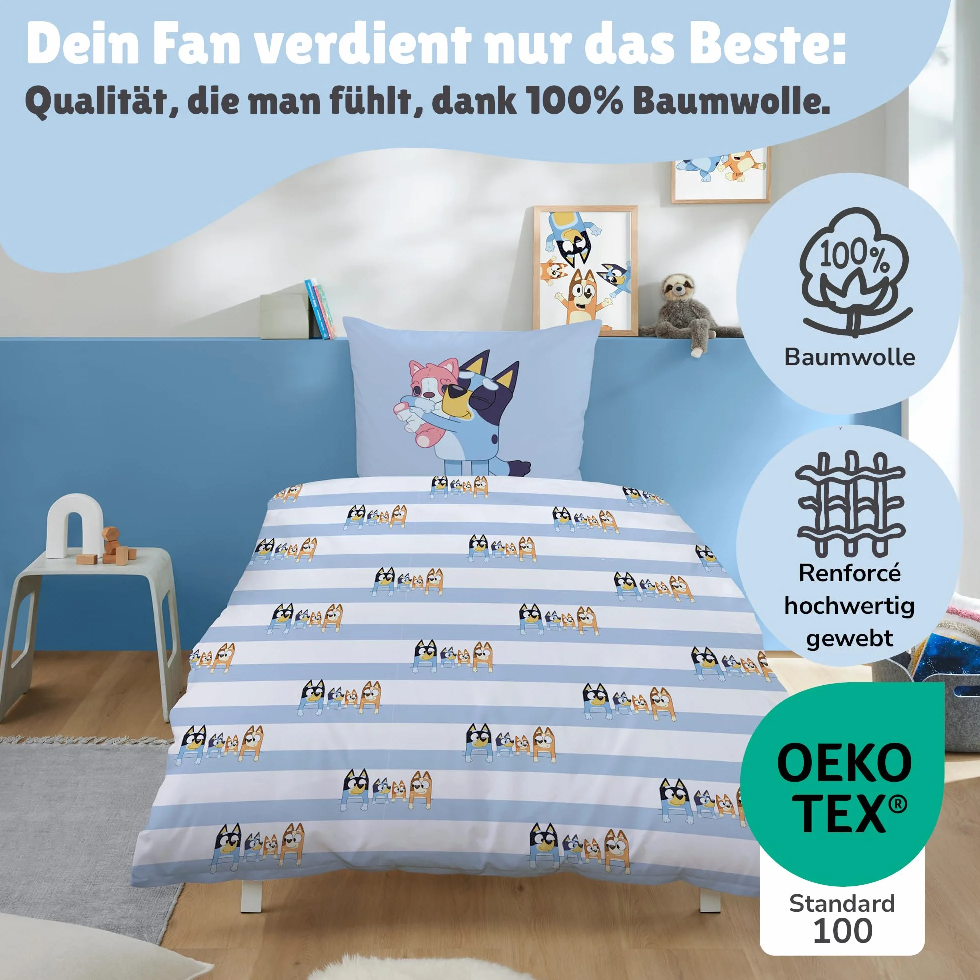 Bluey 2-częściowy zestaw pościeli 135x200 80x80 cm 100% bawełna zamek błyskawiczny dwustronny motyw paski