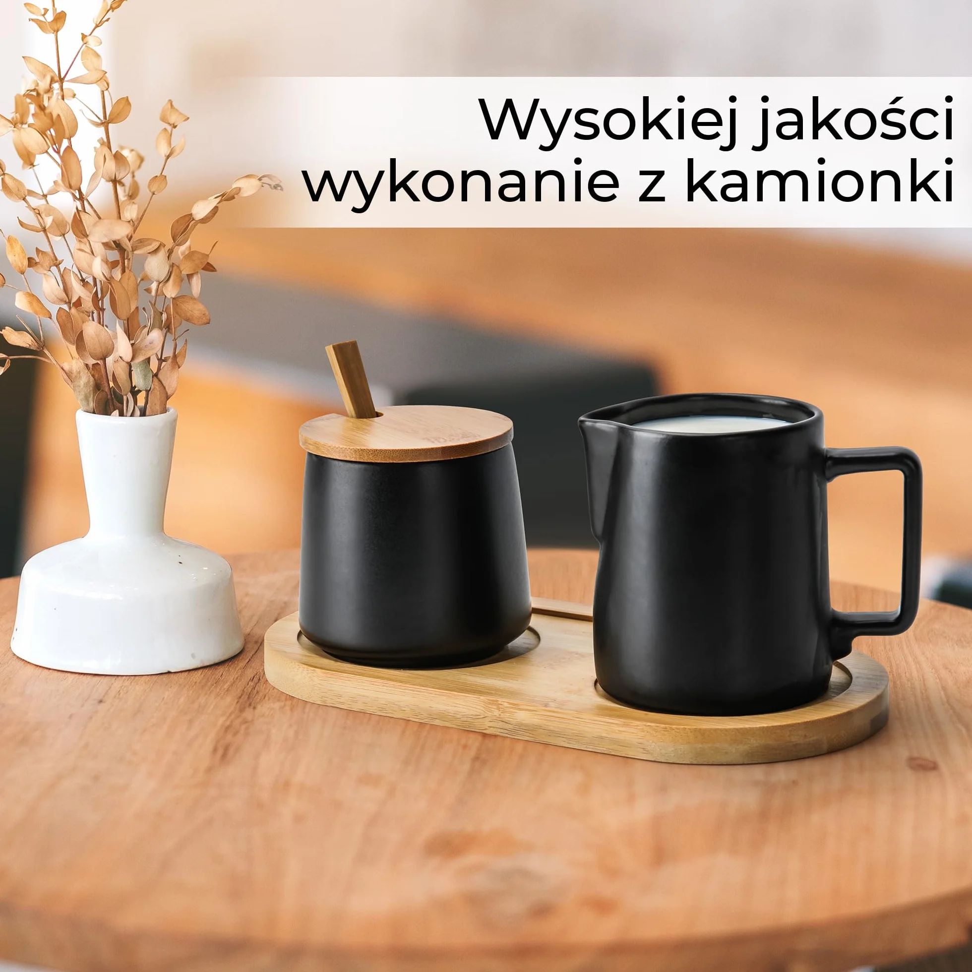 MIAMIO Zestaw do serwowania cukru i śmietany z pokrywką i łyżką/ceramicznymi akcesoriami do baru kawowego - nadaje się do kuchenki mikrofalowej i zmywarki (czarny)