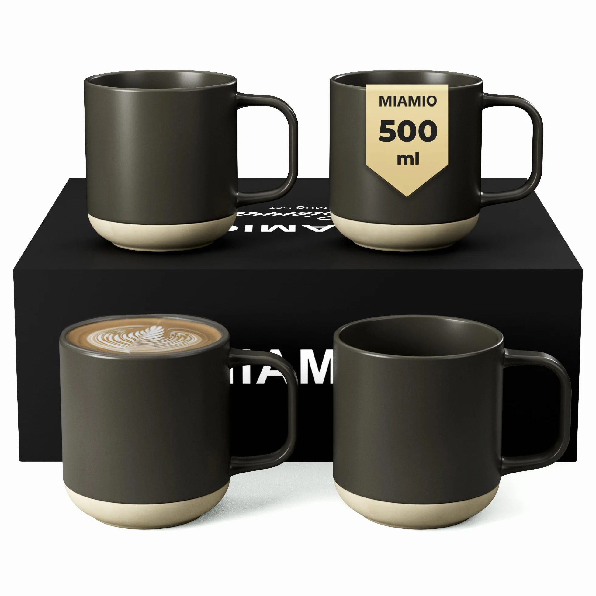 MIAMIO Zestaw 4 Kubków Ceramicznych 500 ml na Kawę Cappuccino Latte Macchiato Herbatę Espresso Kolekcja Sierra Ciemny