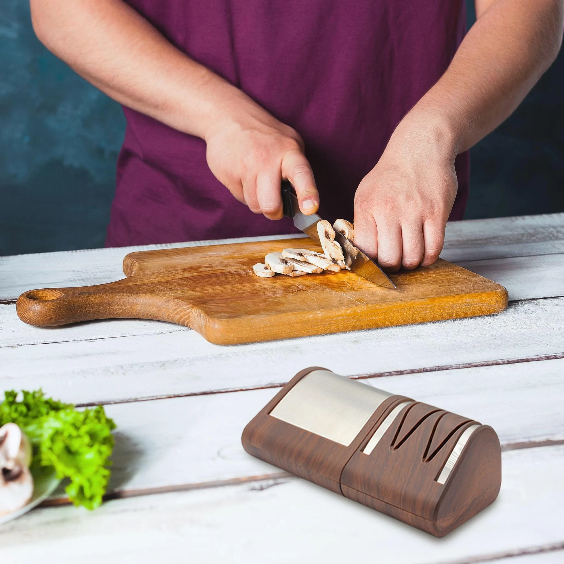 FISHTEC Elektryczna ostrzałka do noży kuchennych – ostrzenie + polerowanie na 2 poziomach – noże metalowe lub ceramiczne – diamentowe tarcze szlifierskie – 21 cm
