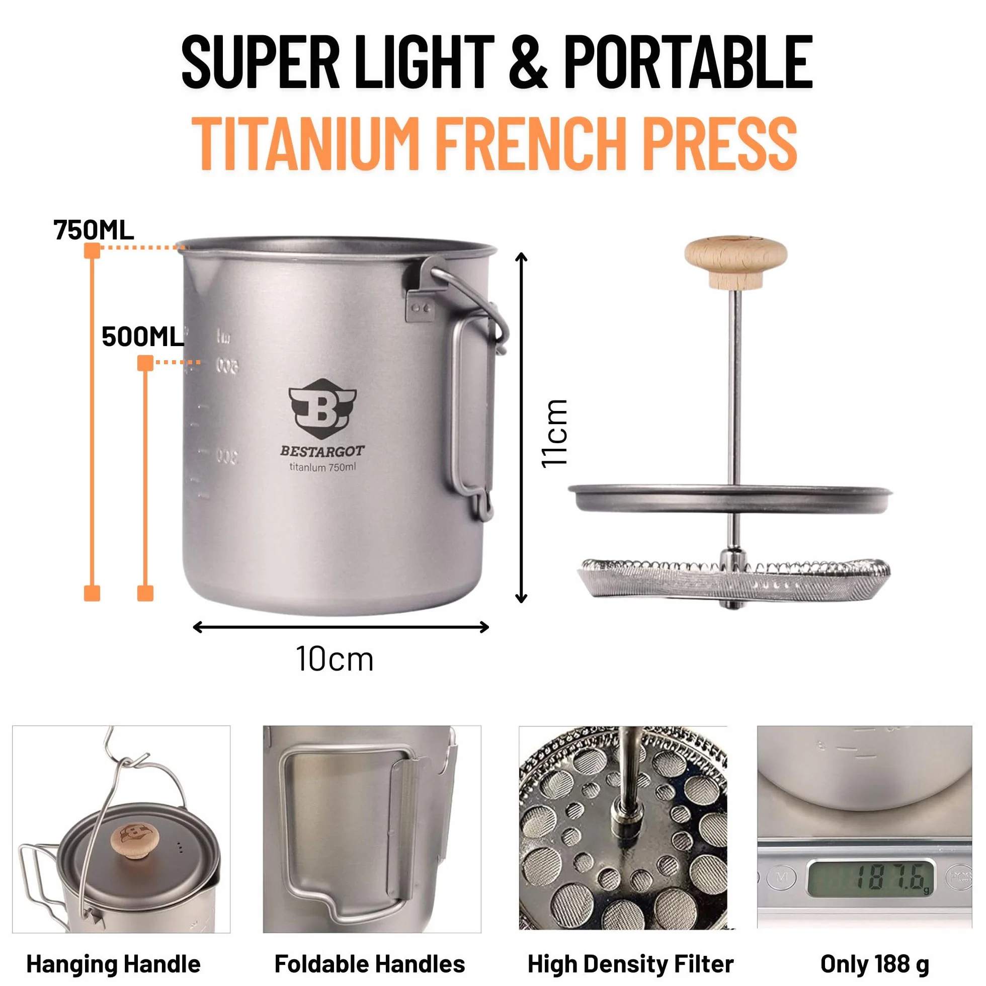 Bestargot Kemping French Press Ekspres do kawy z tłokiem 750 ml, tytanowy ekspres do kawy kempingowej do kawy lub herbaty, ultralekki kubek popote Bivouac, lekki i przenośny 188g