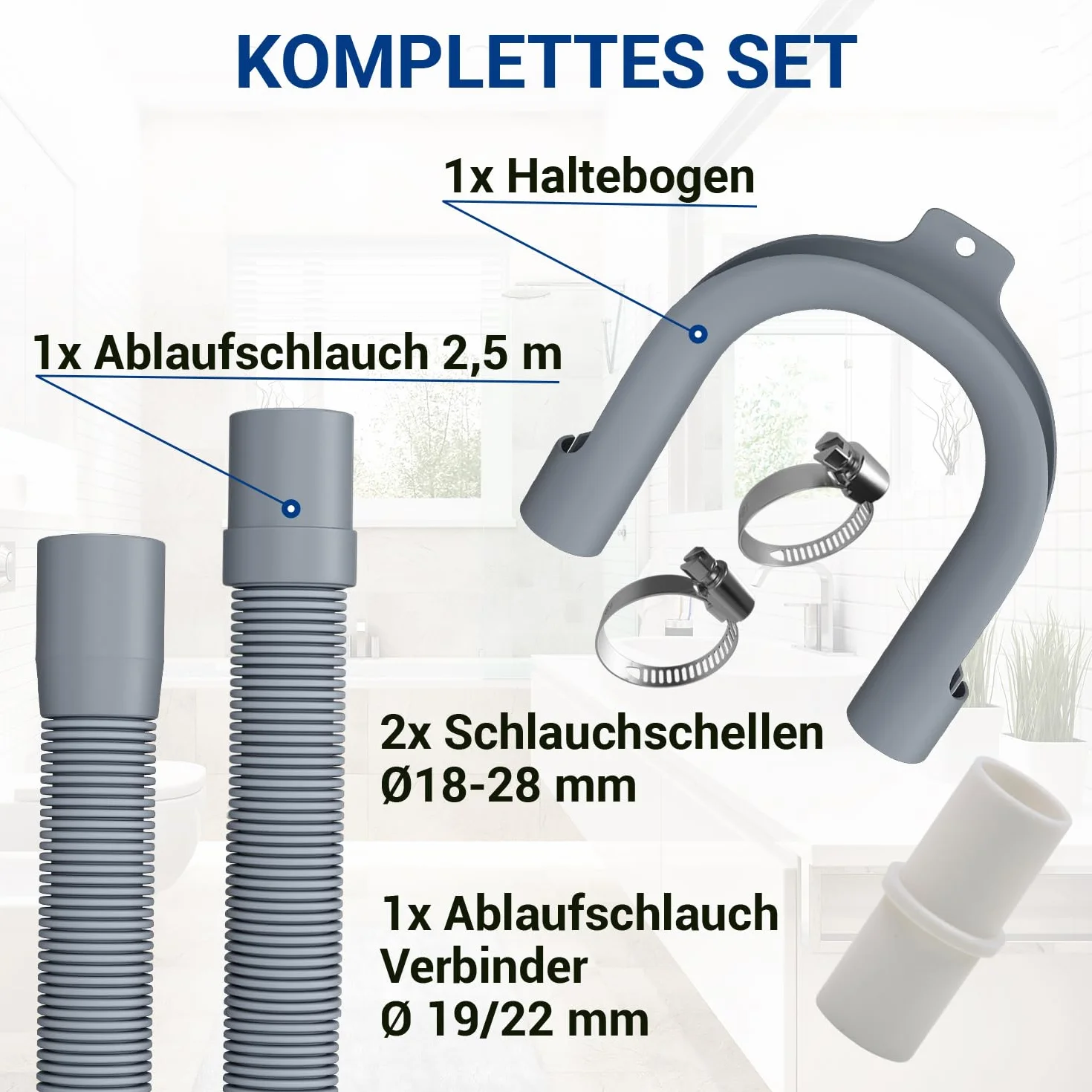 VIOKS Zestaw elastyczny wąż ściekowy do zmywarki 2,5 m 19/22 mm Ø + 2 x zaciski obejmy do węża ze stali nierdzewnej 18-28 mm Ø + 1 x łącznik węża + 1 x łuk mocujący - wąż odpływowy zestaw do pralki