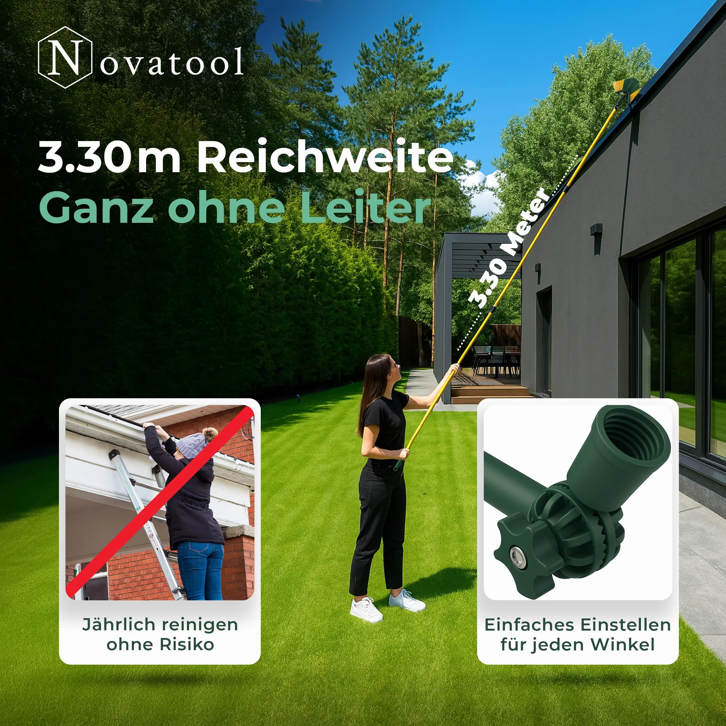 Novaliv Teleskopowa szczotka do rynien dachowych 3,3 m ze szczotką narożną i skrobakiem