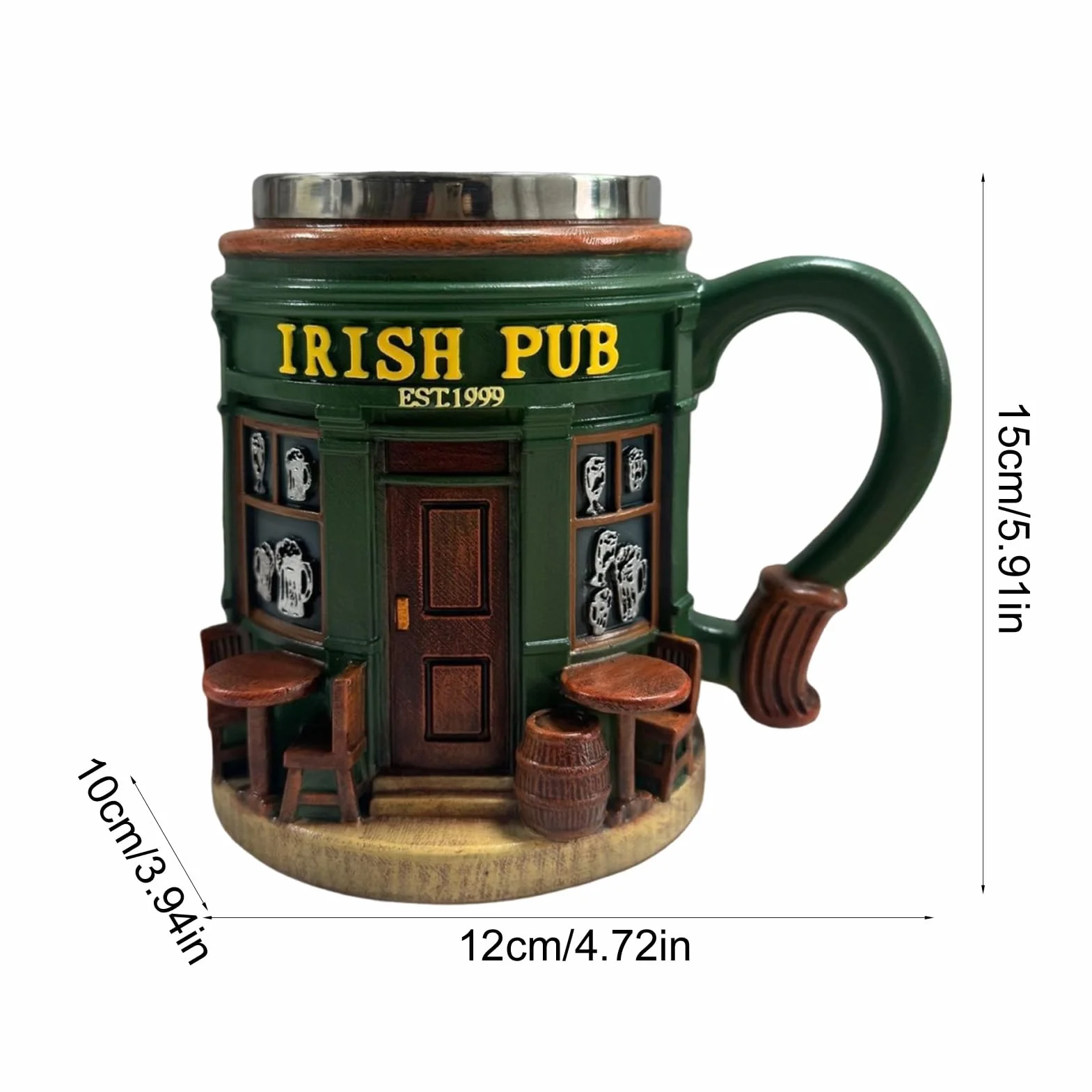 Irish Pub rzeźbiony ceramiczny kufel do piwa z pokrywką ze stali nierdzewnej, zielony, 300 ml, EST.1999 klasyczny design barowy z beczką i stołkami