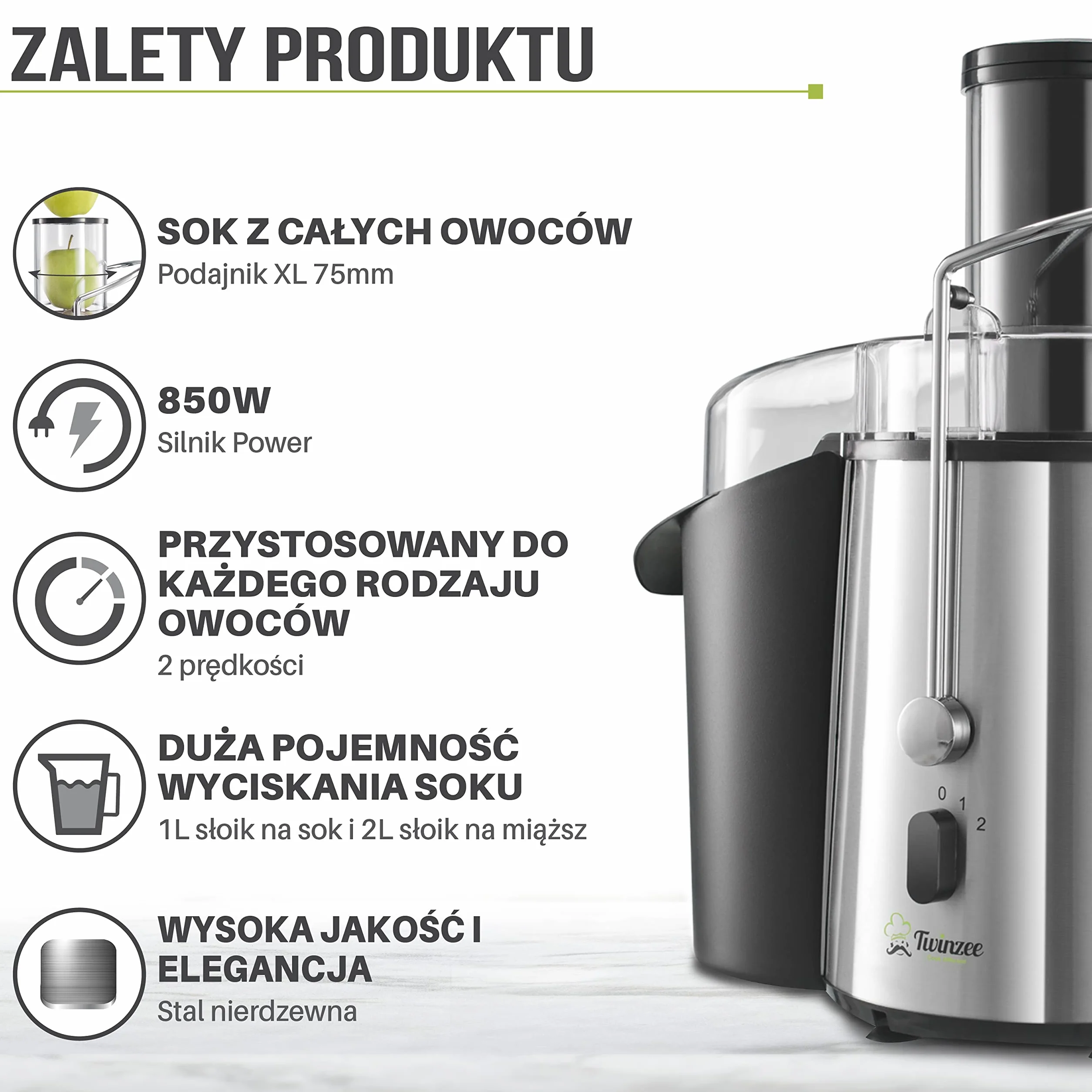 Twinzee Odśrodkowa sokowirówka 850 W 2 poziomy prędkości 75 mm