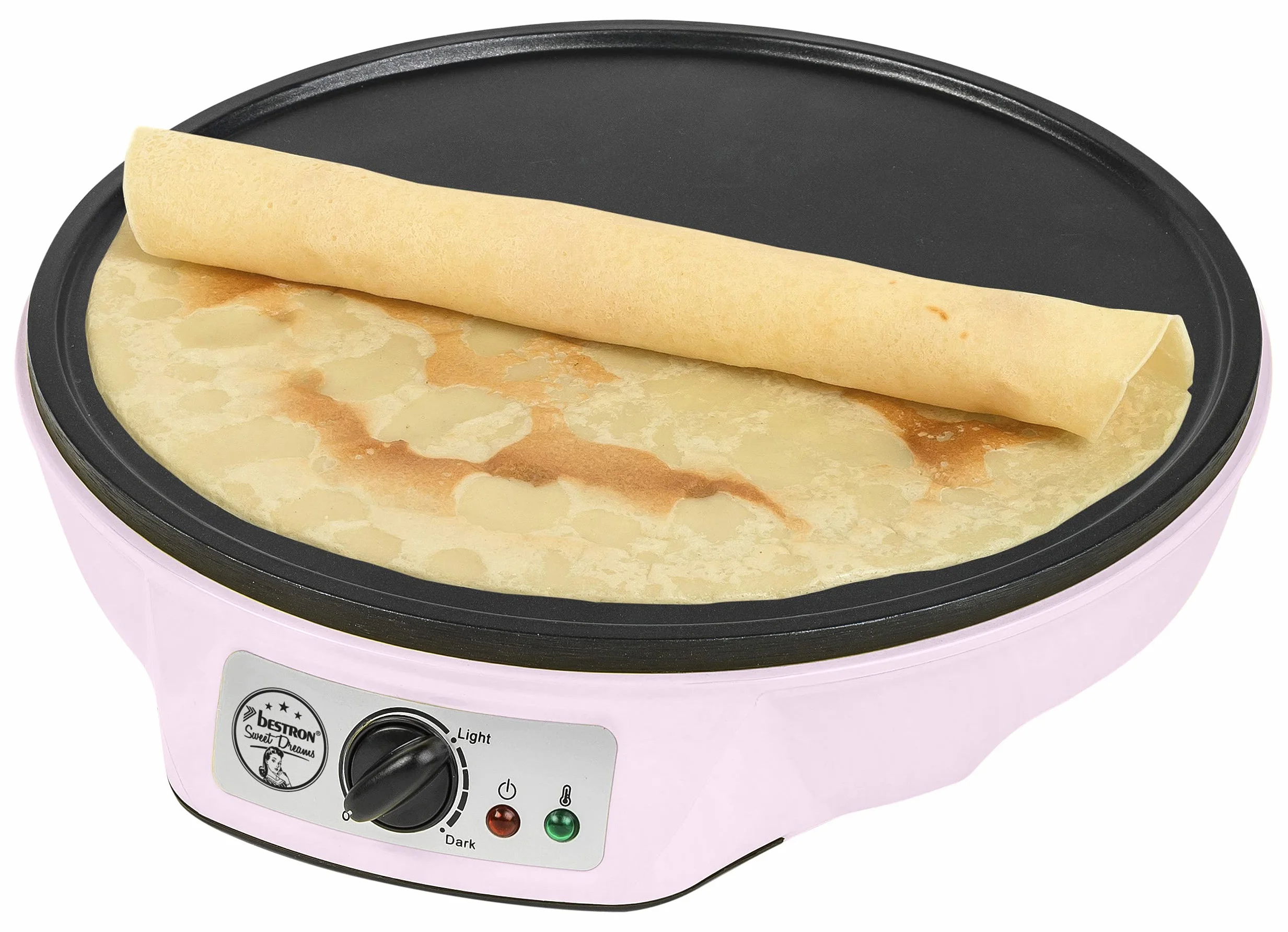 Bestron Crepes Maker, Urządzenie do robienia naleśników o średnicy 30 cm, w komplecie Rozdzielacz do ciasta i łopatka do przewracania naleśników, z powłoką nieprzywierającą, Kolor: Różowy