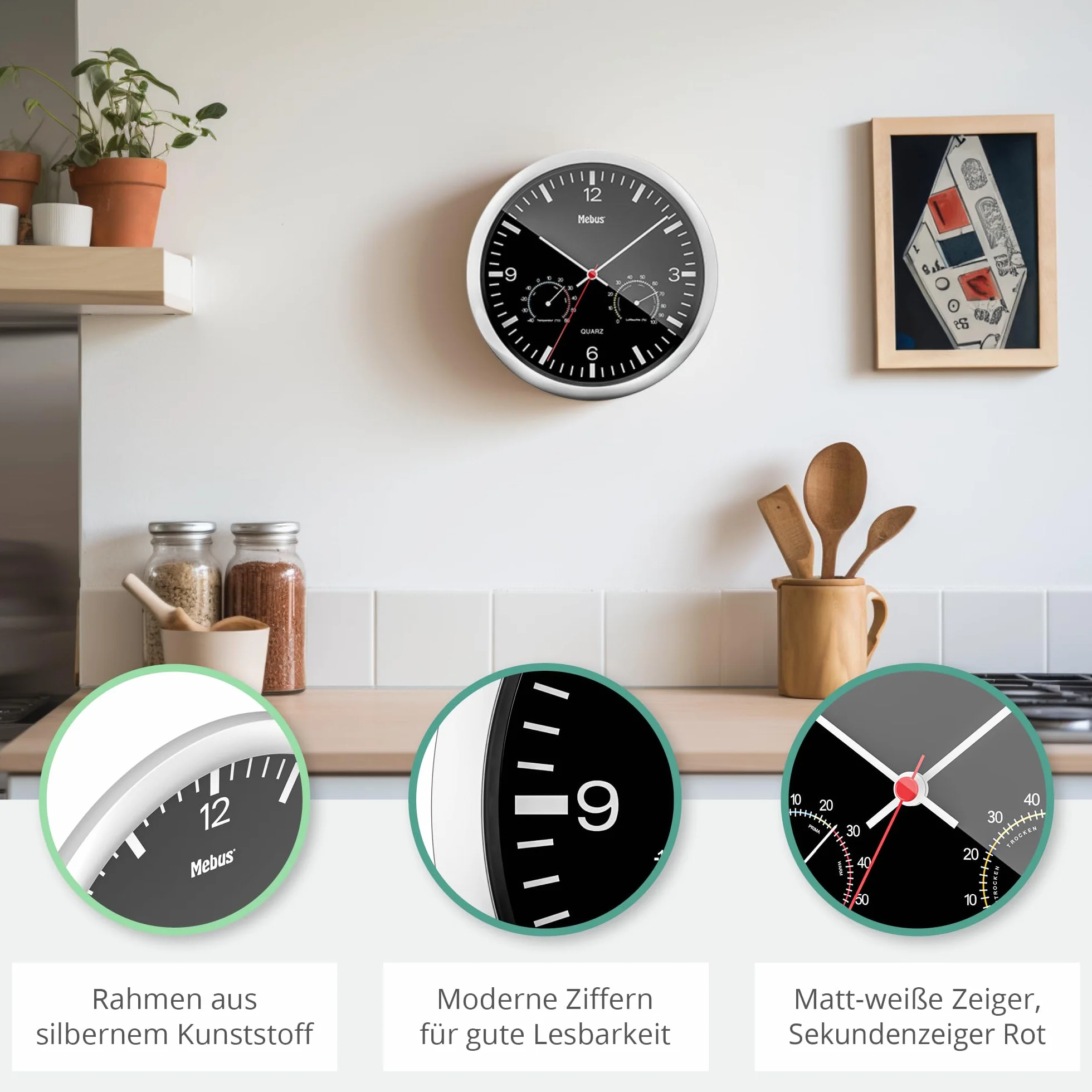 MEBUS Quarz-Wanduhr mit Thermometer und Hygrometer/silberner Rahmen/schwarzes Zifferblatt / 25cm Durchmesser/Rund/Modell: 56731 / Farbe: Silber, Schwarz