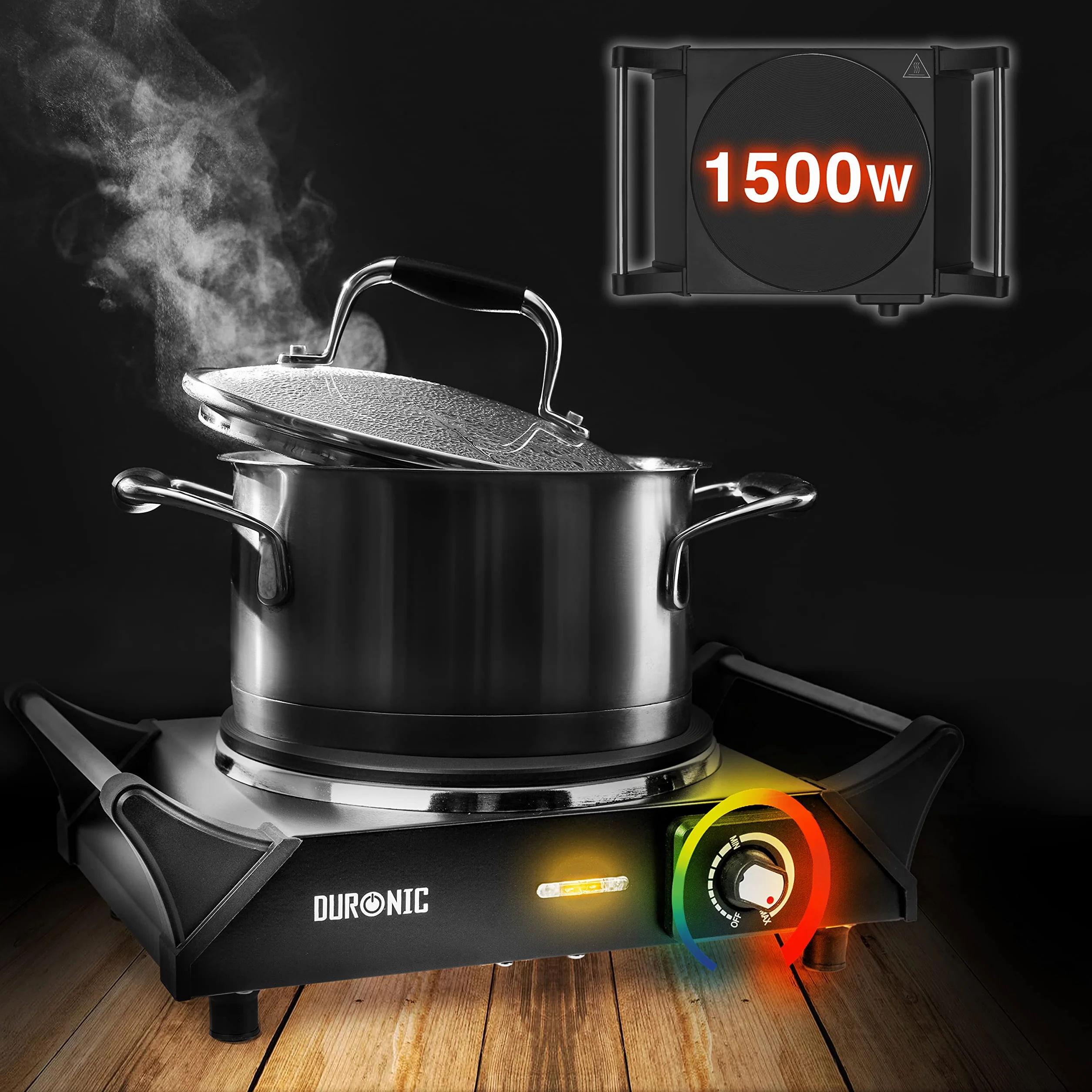 Duronic HP1 BK Płyta grzewcza jednopalnikowa 1500W kuchenka kempingowa stal nierdzewna