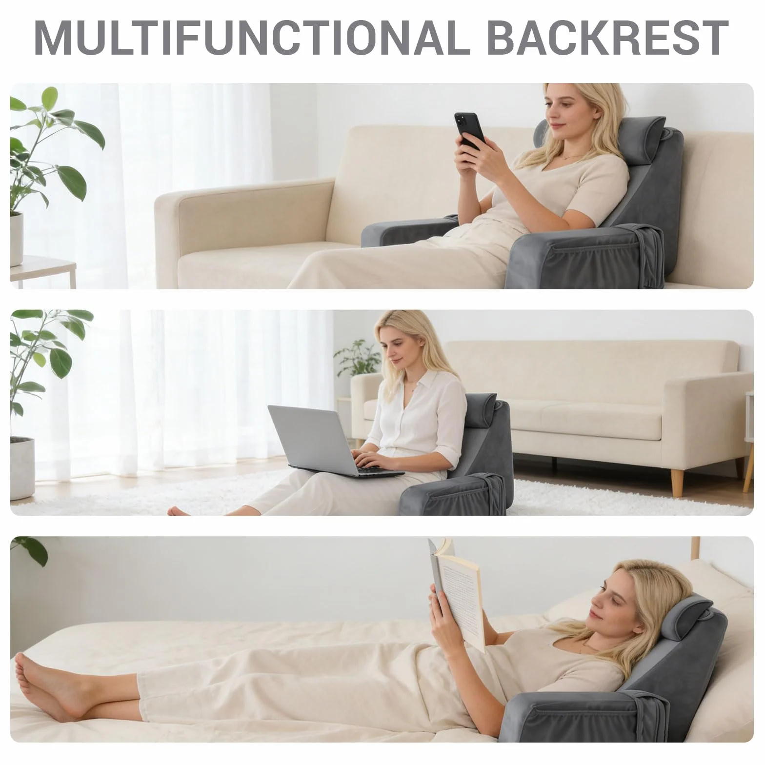 Ergonomiczna Poduszka do Czytania na Łóżko i Sofę, Szara, z Podłokietnikami i Poduszką Głowy