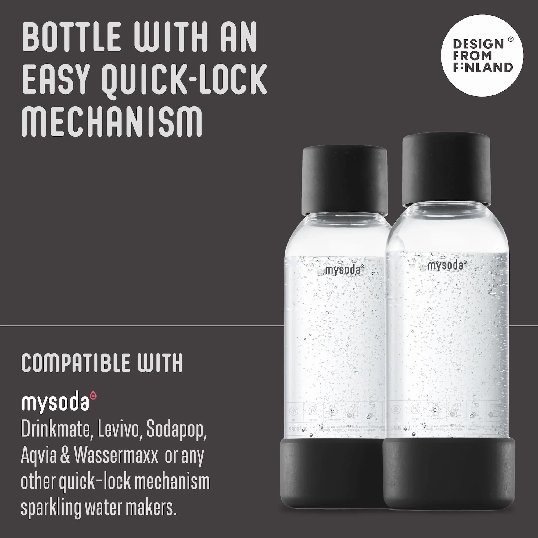 Mysoda: Plastikowa butelka na wodę wielokrotnego użytku, nie zawiera BPA, do saturatora z Quick-Lock, detale kompozytu drewnianego, 2 x 0,5 l – czarna
