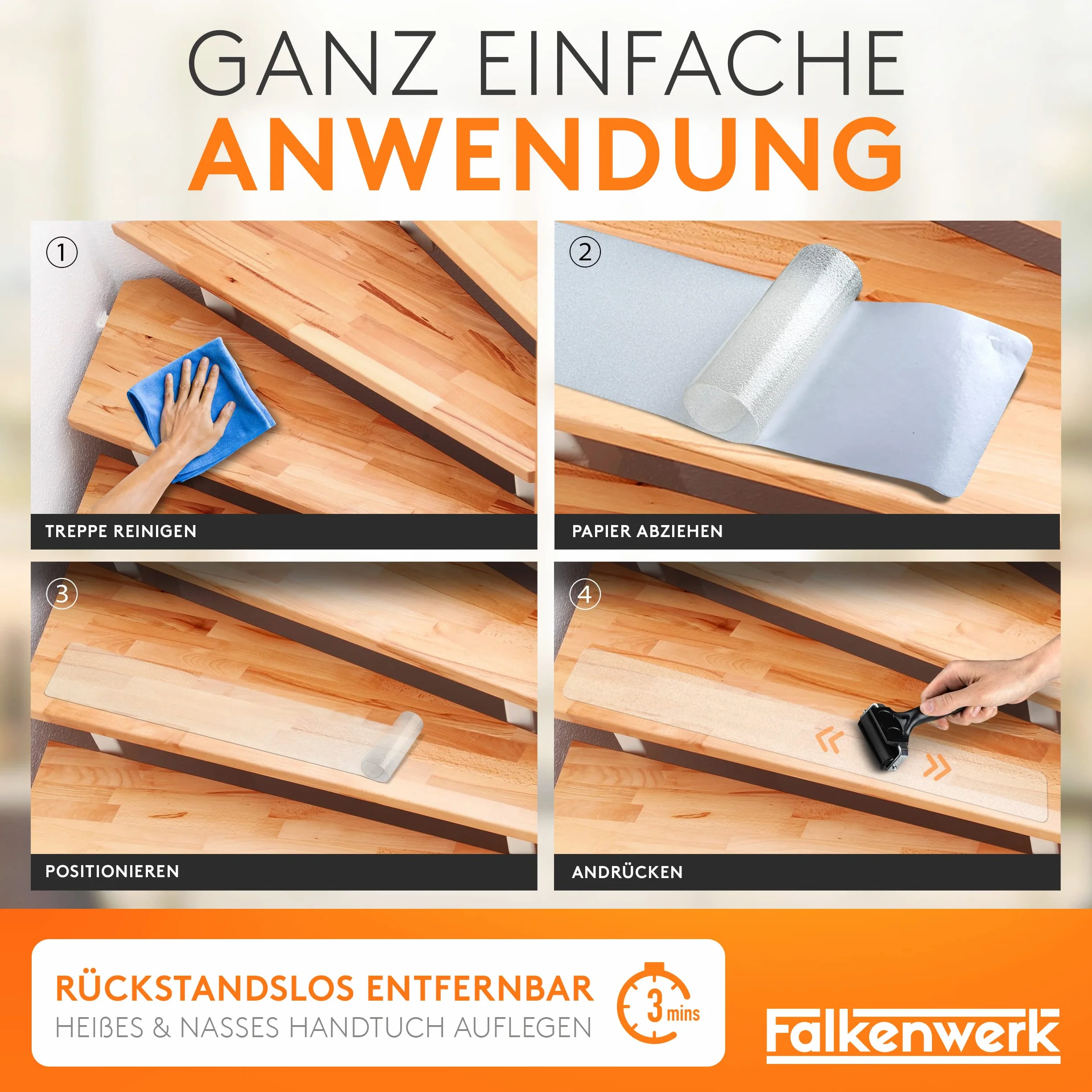 FALKENWERK Paski antypoślizgowe do schodów (20 sztuk), samoprzylepne i przezroczyste paski antypoślizgowe, 15 x 90 cm, wodoszczelna, antypoślizgowa, z wałkiem łopatkowym