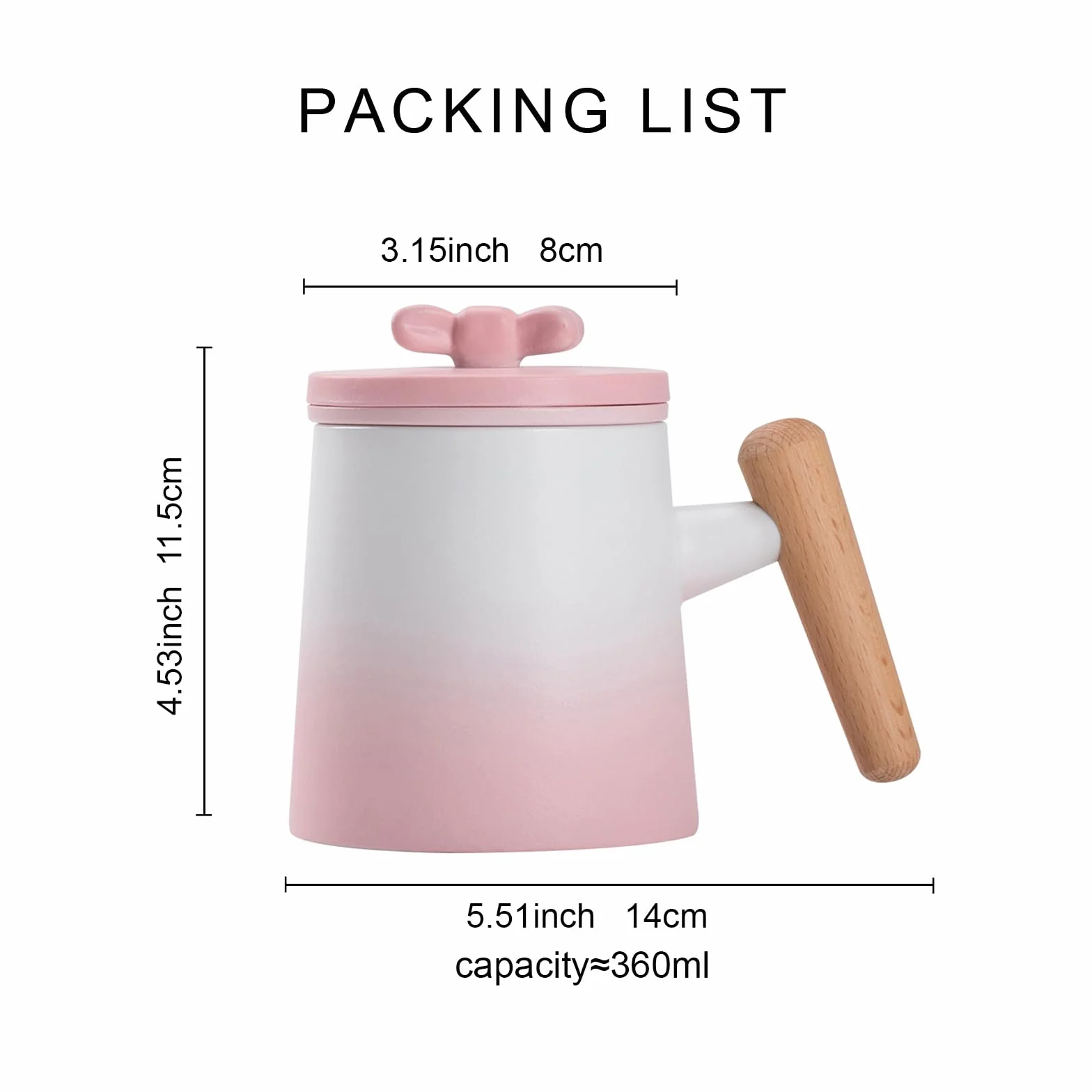 fanquare Porcelanowe kubki do herbaty gradientowa biała i różowa filiżanka do herbaty z pokrywką zaparzacza drewniany uchwyt, zaparzacza filiżanka do domowego biura 360 ml