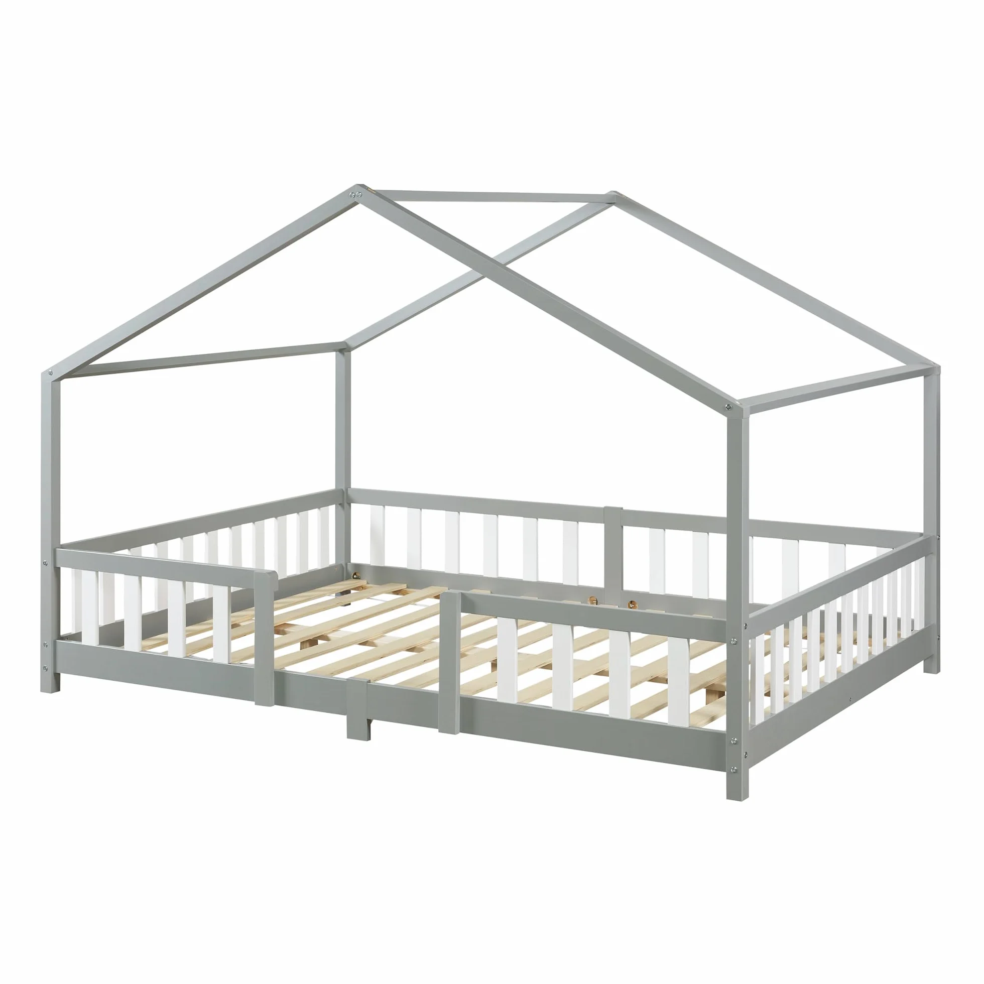 [en.casa] Łóżeczko dziecięce o kształcie domu z kratką ochronną, solidna konstrukcja, nośność 150 kg, sklejka sosnowa, 200 x 140 cm, szaro-biała matowa