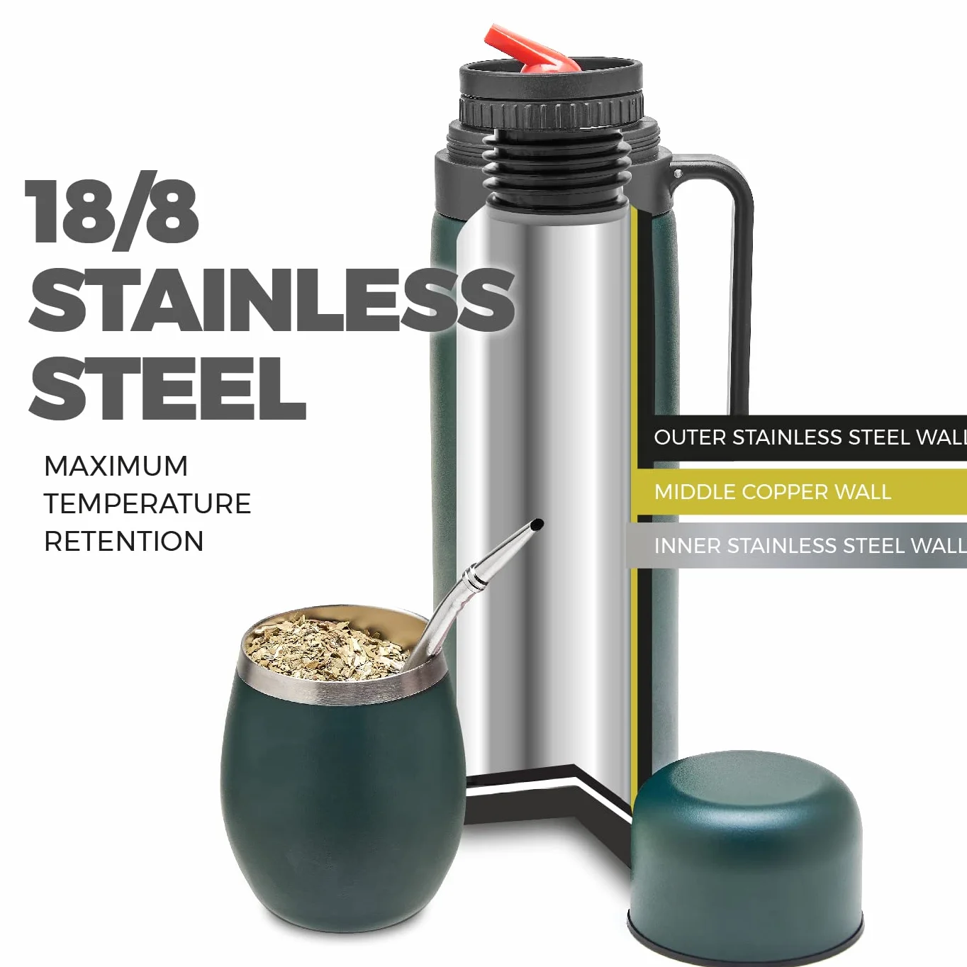 BALIBETOV Kompletny zestaw Yerba Mate – Mate Gourd, butelka izolacyjna, pojemnik Yerba, dwie szklanki bombila i szczotka do czyszczenia 304 18/8