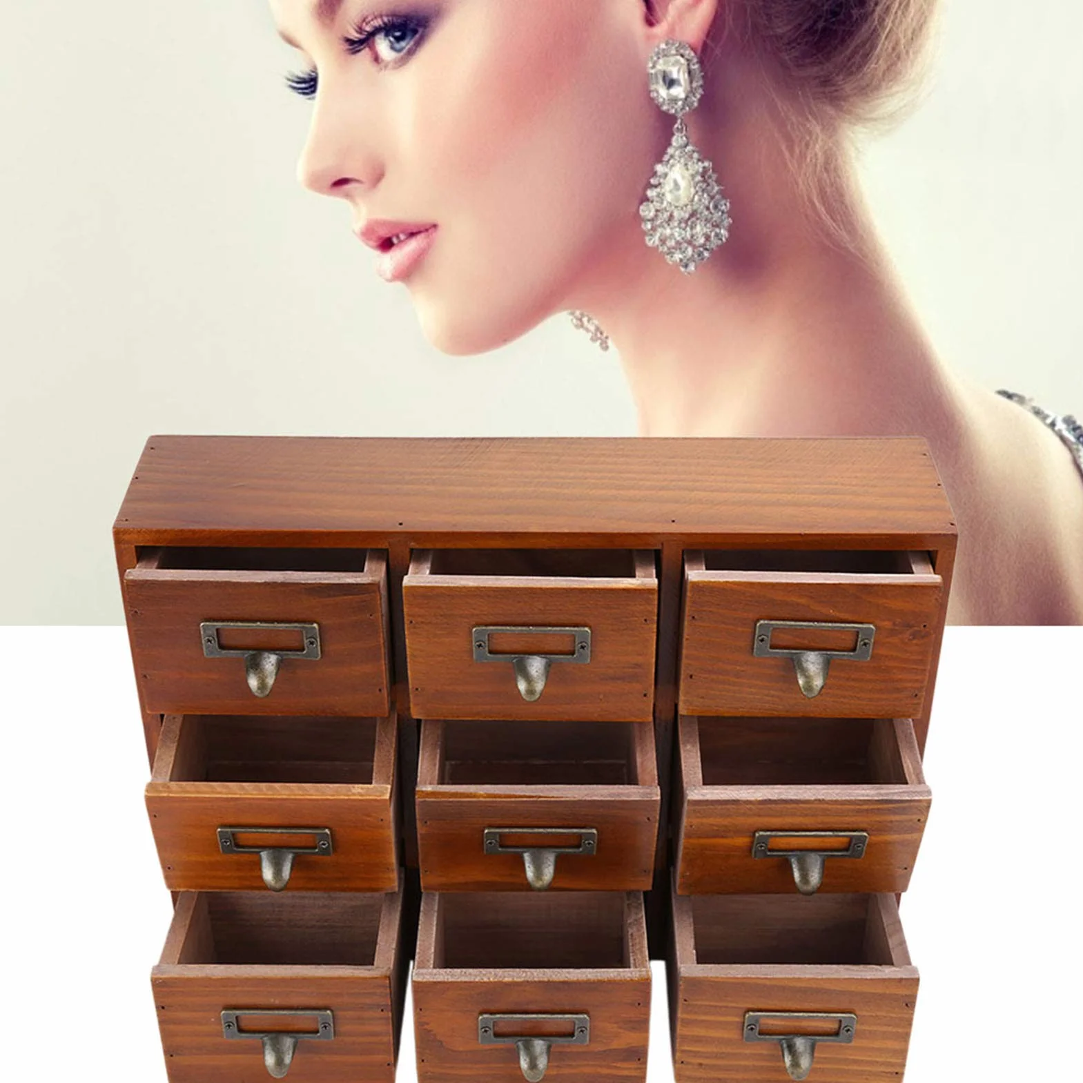Fockety Drewniany organizer na biurko w stylu vintage z 9 szufladami, szafka aptekarska, komody i szafki aptekarza, pudełko do przechowywania ziół, meble w stylu vintage - niebieski, na