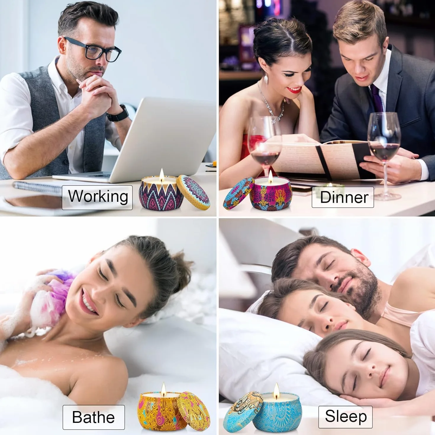 Zestaw prezentowy ze świecami dla kobiet, w zestawie 4 x 160 g, z woskiem sojowym w puszkach z pokrywką, dekoracyjna świeca, długi czas palenia 120 h, na Dzień Matki, urodziny, walentynki, wesele