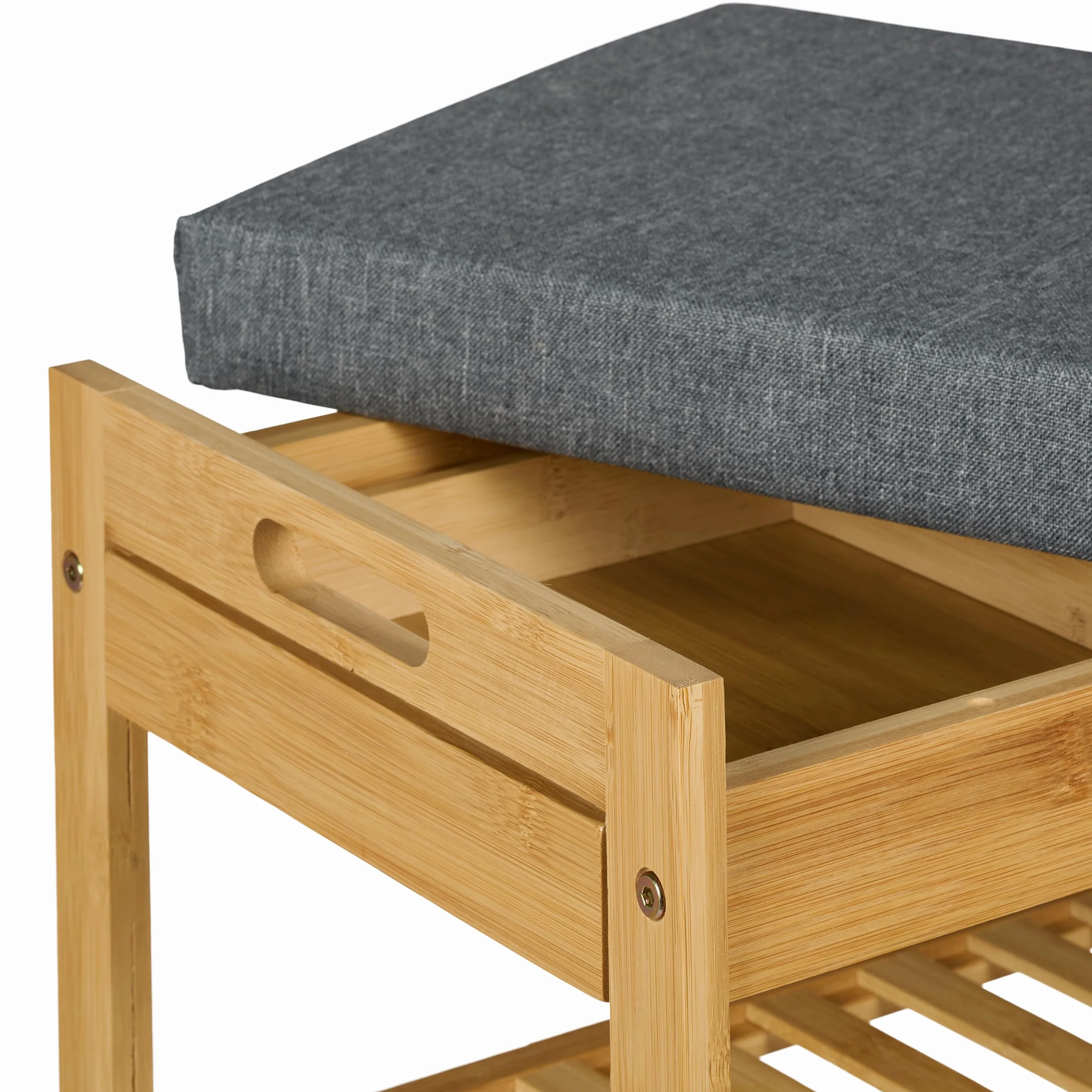 Relaxdays Ławka na buty, ławka tapicerowana z półką na buty, 2 poziomy, szuflada, (wys. x szer. x gł.): 49 x 55 x 30 cm, bambus i len, kolor naturalny/szary