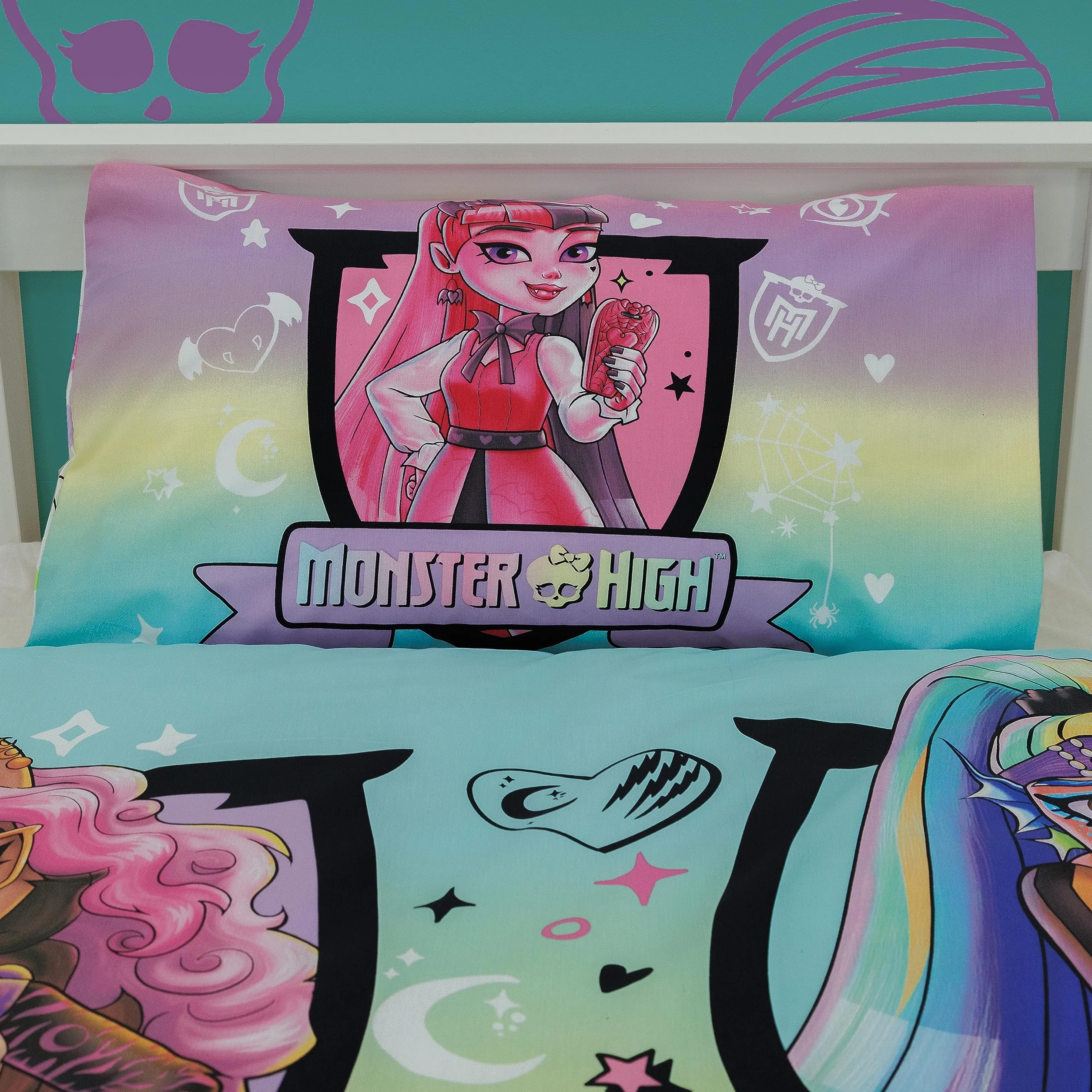 Character World Monster High oficjalnie licencjonowany zestaw poszewek na kołdrę z motywem dzikiego designu, dwustronna, 2-stronna pościel dla lalek z pasującą poszewką na poduszkę, idealna do