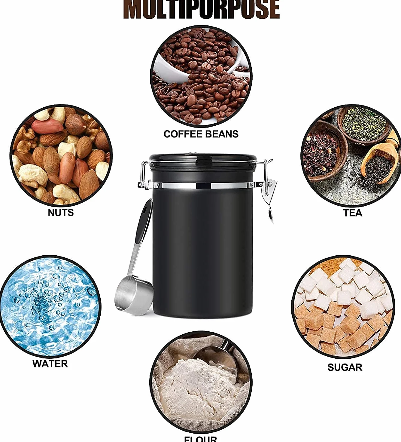 Dreamhigh® Hermetyczne pudełko do kawy ziarna 1 kg - Pojemnik na kawę ze stali nierdzewnej z łyżeczką dozującą - czarny, 2800 ml