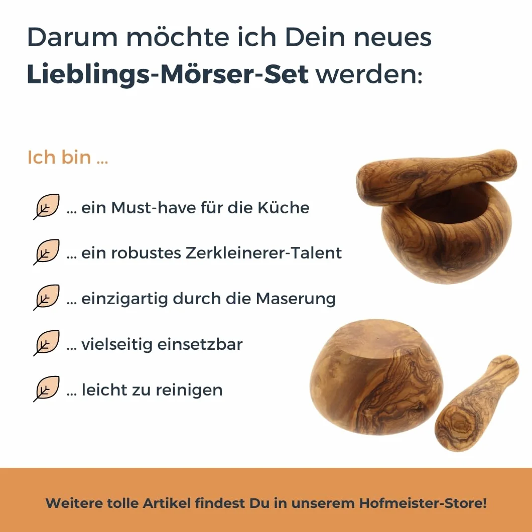 HOFMEISTER® moździerz i tłuczek z drewna oliwkowego, rzucający się w oczy rysunek słojów, bardzo wytrzymały pojemnik z pałeczką, moździerz drewniany na zioła, nasiona i przyprawy, 11 x 11 x 6,5 cm (1 sztuka)