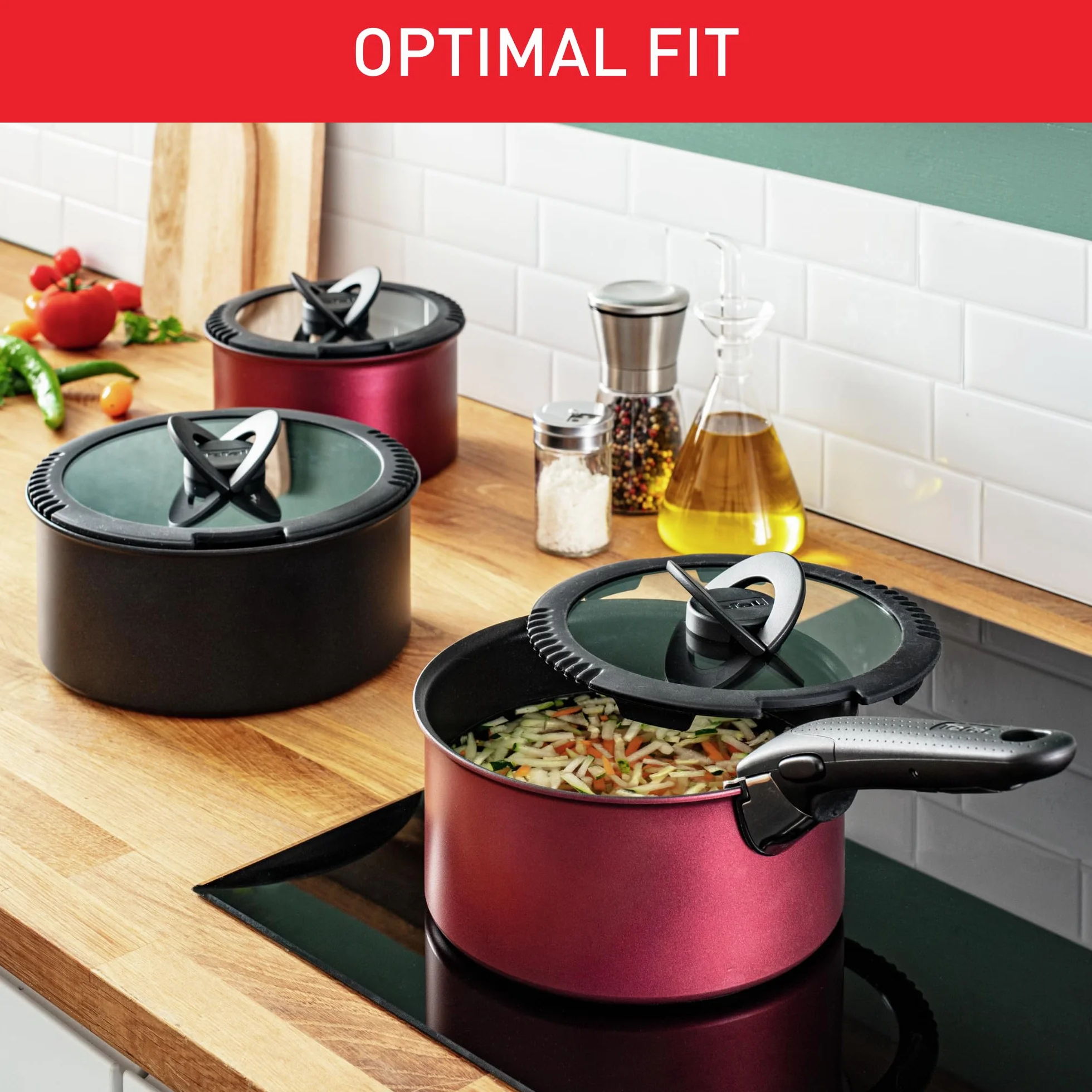 TEFAL Ingenio Zestaw 3 szklanych pokrywek 16 cm 18 cm 20 cm składany uchwyt