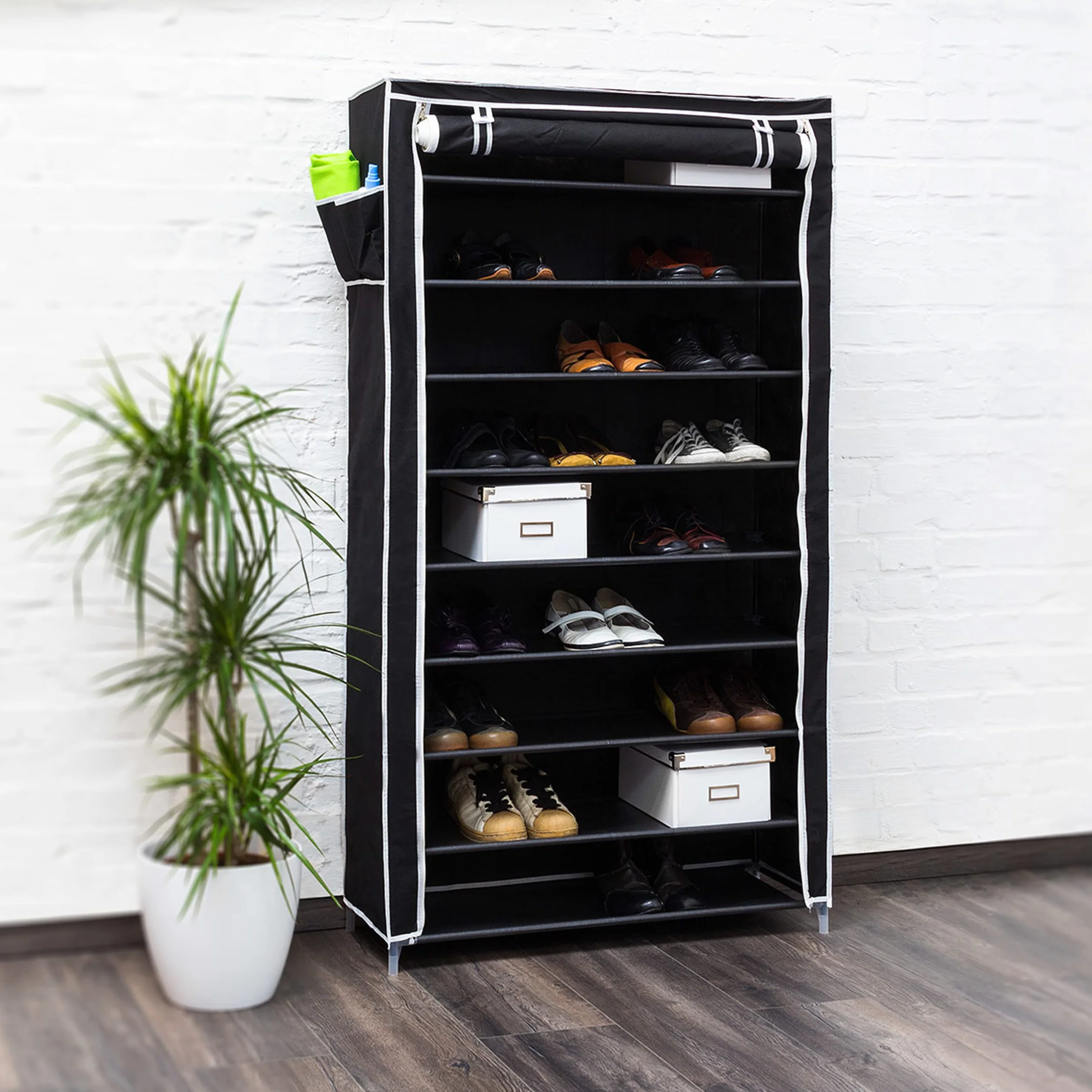 Relaxdays 1 x szafka na buty Valentin, wysoki regał na buty z obiciem materiałowym, 9 półek, szafka z materiału, wys. x szer. x gł.: 161 x 88 x 30 cm, czarna