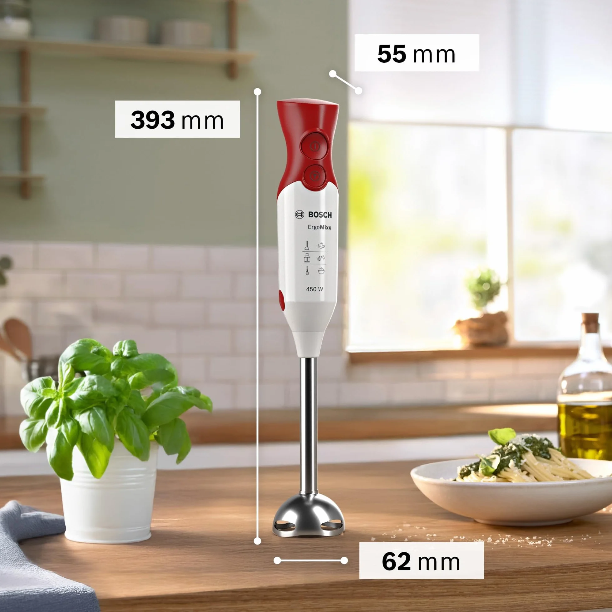 Bosch, blender ręczny, ErgoMixx, silnik 450 W, 2 ustawienia prędkości, rozdrabniacz, trzepaczka i pojemnik, biało-czerwony, MSM64110
