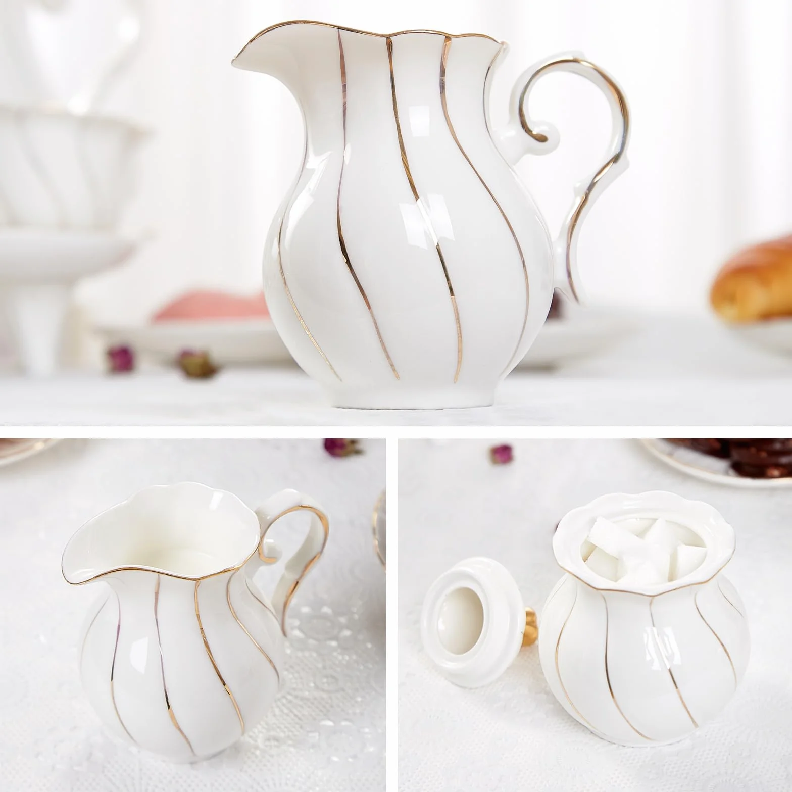 DUJUST Zestaw białej śmietany i cukru, luksusowy brytyjski design ze złotymi wykończeniami, 1 cukiernica z pokrywką (350 ml), 1 dzbanek na mleko (235 ml), ręcznie wykonany zestaw do śmietanki do
