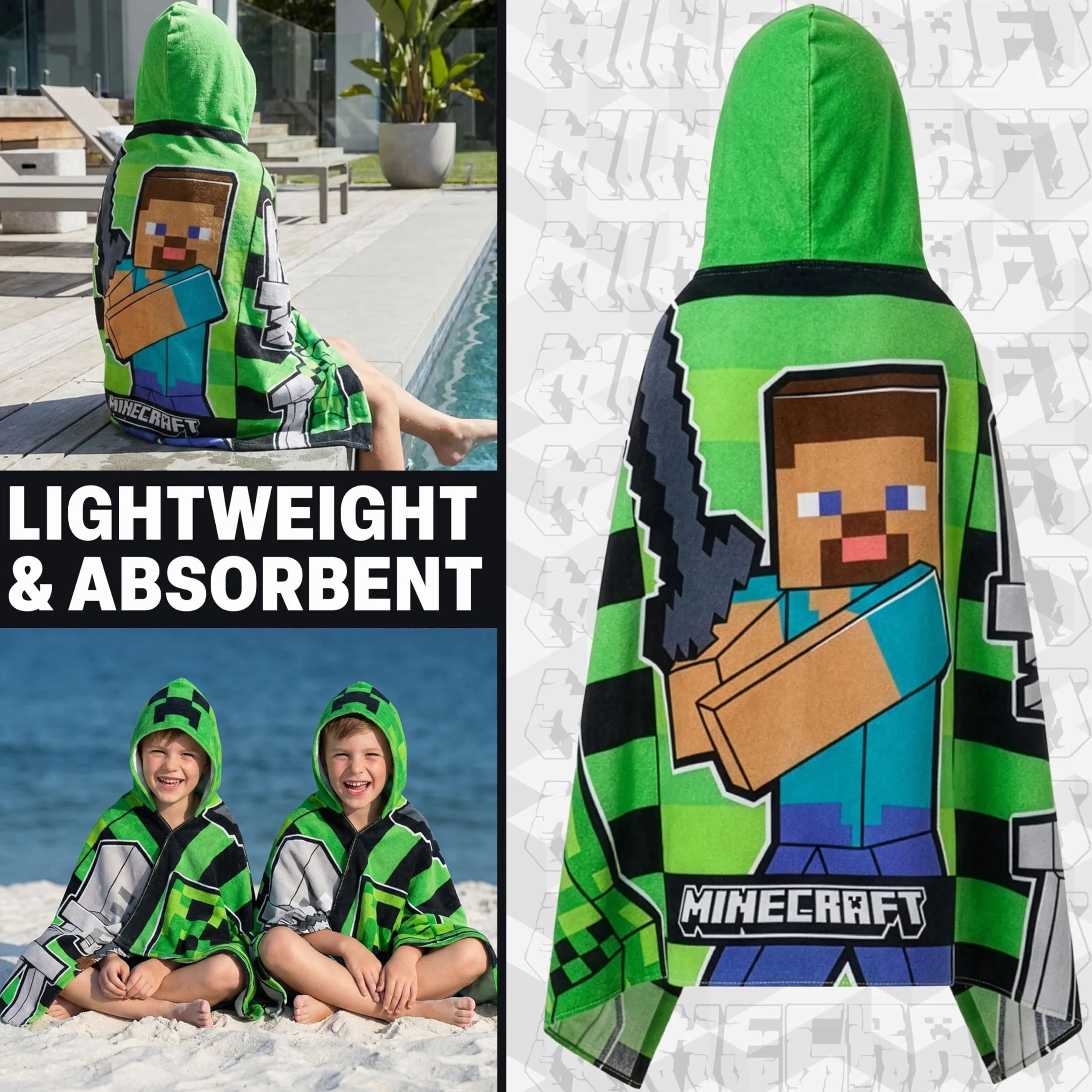 Minecraft ręcznikowe ponczo dziecięce nastolatki z kapturem ręcznik plażowy zielony czarny 6-14 lat