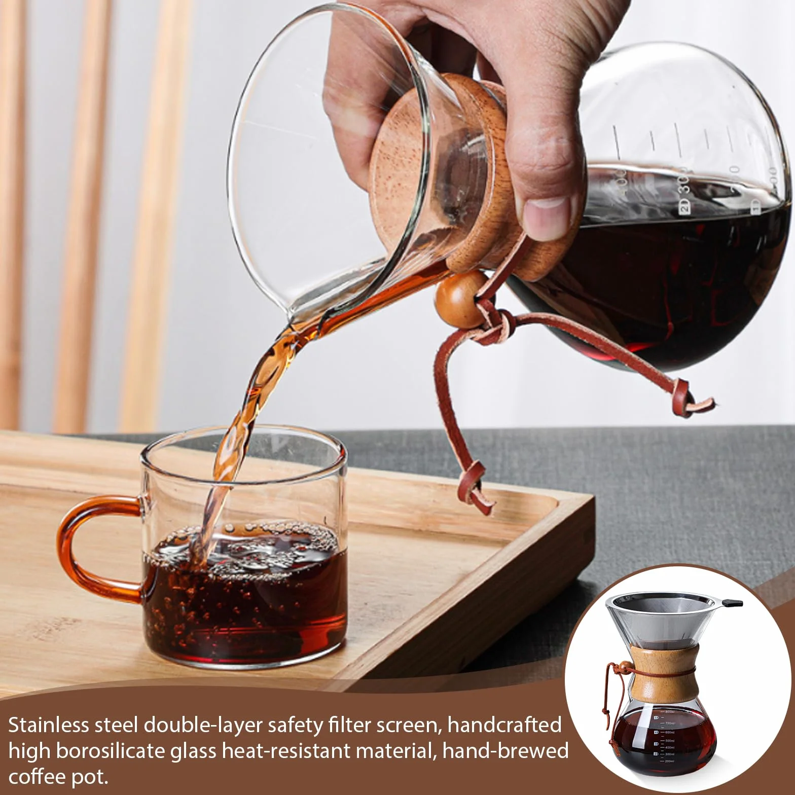 GOMETY Pour Over zaparzacz do kawy, 800 ml, filtr permanentny, zaparzacz do kawy, dzbanek borokrzemowy z dwuwarstwowym filtrem ze stali nierdzewnej, szklanka do warzenia kawy dla aromatycznej
