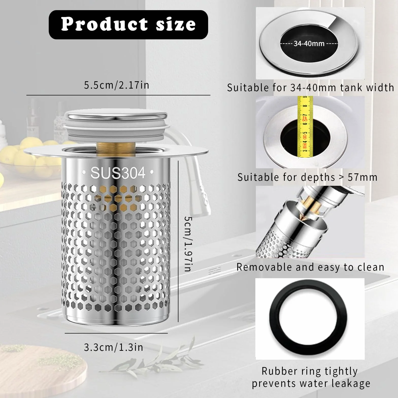 2 sztuki ze stali nierdzewnej Pop Up zestaw odpływowy korek do umywalki, korek do umywalki, uniwersalny metalowy korek spustowy, z sitkiem filtrującym, korkiem odpływowym do umywalki i kuchni (34-40