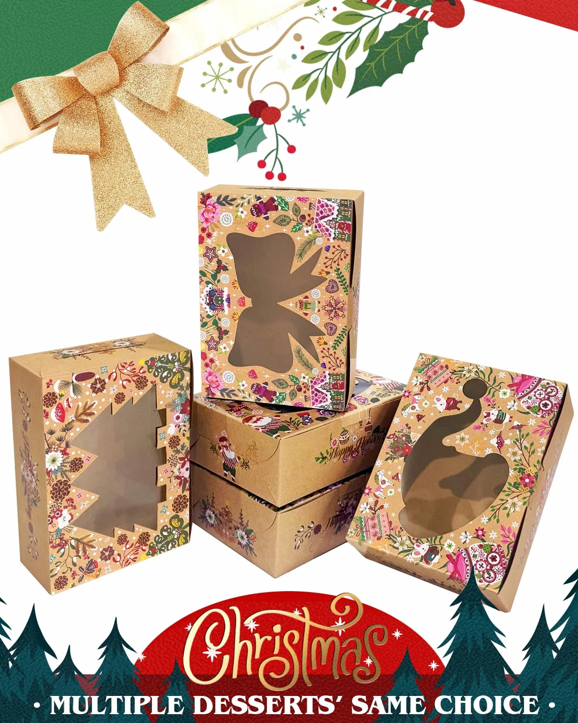 Gcardist Boże Narodzenie pudełka na ciastka z oknem 12 sztuk 15,24x20,32x6,85 cm pudełka piekarnicze, pudełka na wyroby cukiernicze na Boże Narodzenie (6x8x2,7 cali)