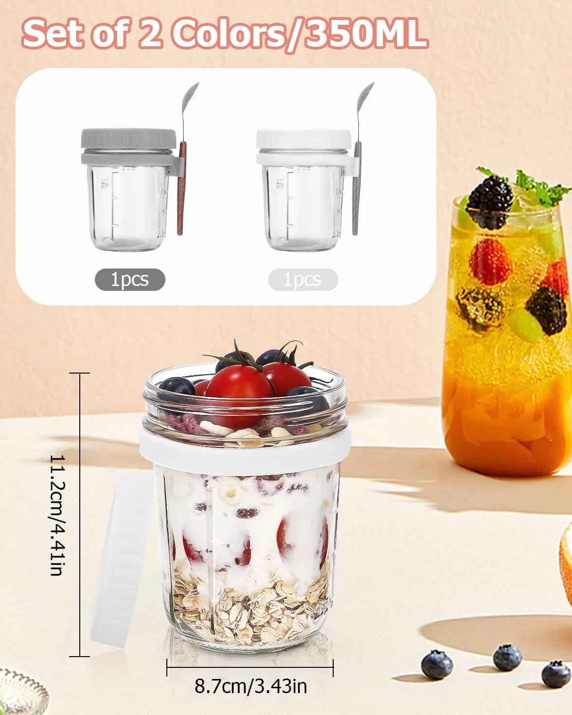 Overnight Oats 2 sztuki pojemników na owsiankę, szklanki do owsa, na nocleg, szklane kubki na musli na wynos dla dzieci z pokrywką i łyżeczką na jogurt, słoiki na przetwory jogurt to go, kubek
