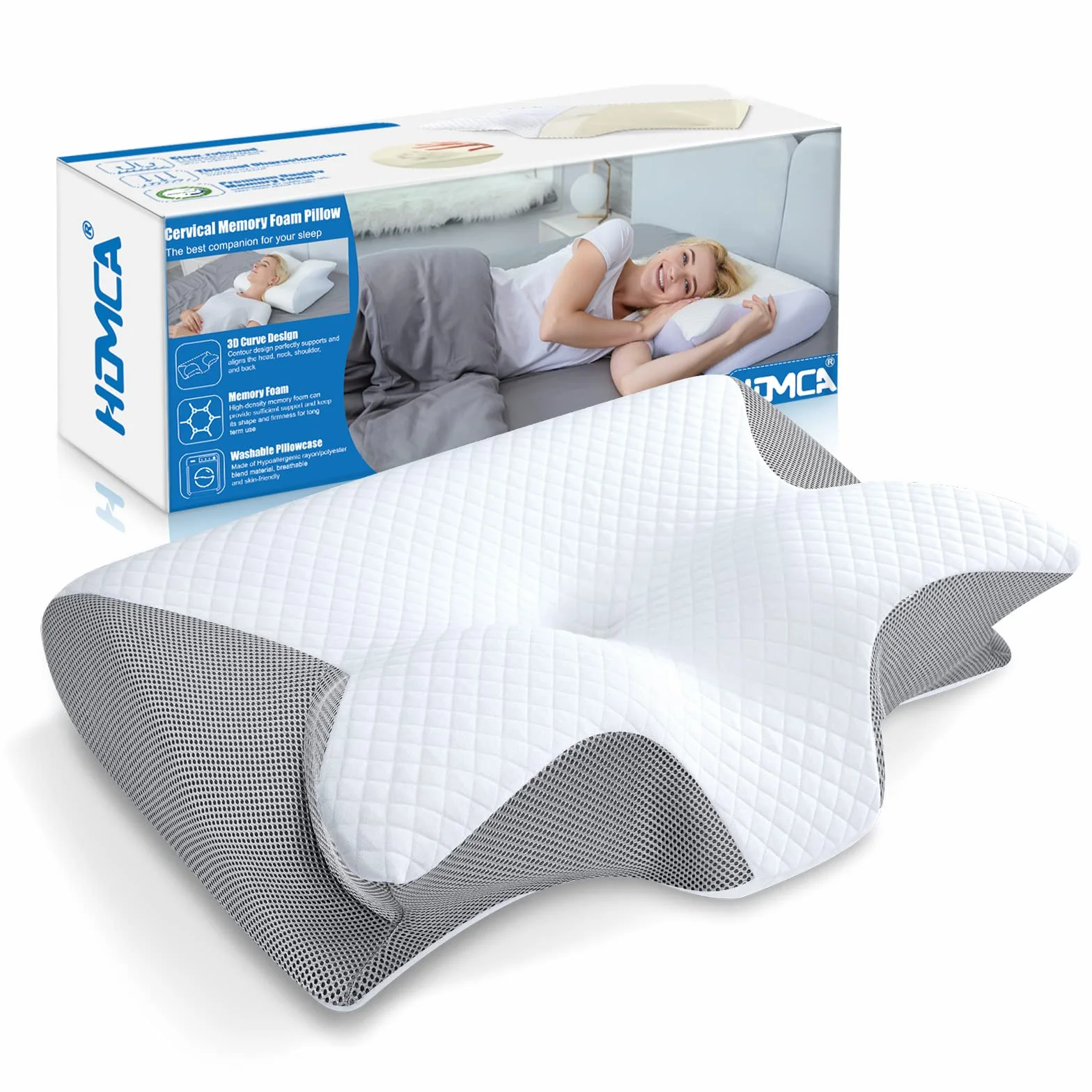 HOMCA Ergonomiczna Poduszka pod Kark, 2 w 1, Poduszka z Pianki z Pamięcią Kształtu, dla Osób Śpiących na Plecach, na Boku i na Brzuchu (Szary)
