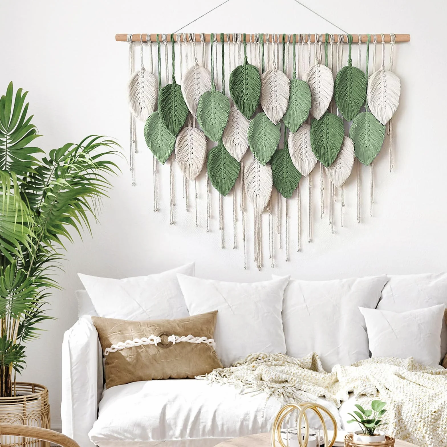 Weldomcor Makrama wisząca na ścianę, duży tkany gobelin, wisząca na ścianie, makrama boho, dekoracja ścienna z liśćmi, ozdoba z piórami, elegancka sztuka tkana, dekoracja do sypialni, salonu (D)