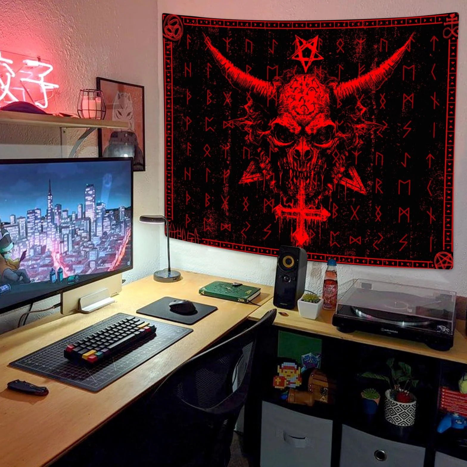 Ptrxobj Goat Head Pentagram Gobelin gotycki diabeł Demon Bafomet sataniczny symbol gobelin tajemniczy hipisowski gobelin mały gobelin ścienny do salonu 152 x 102 cm