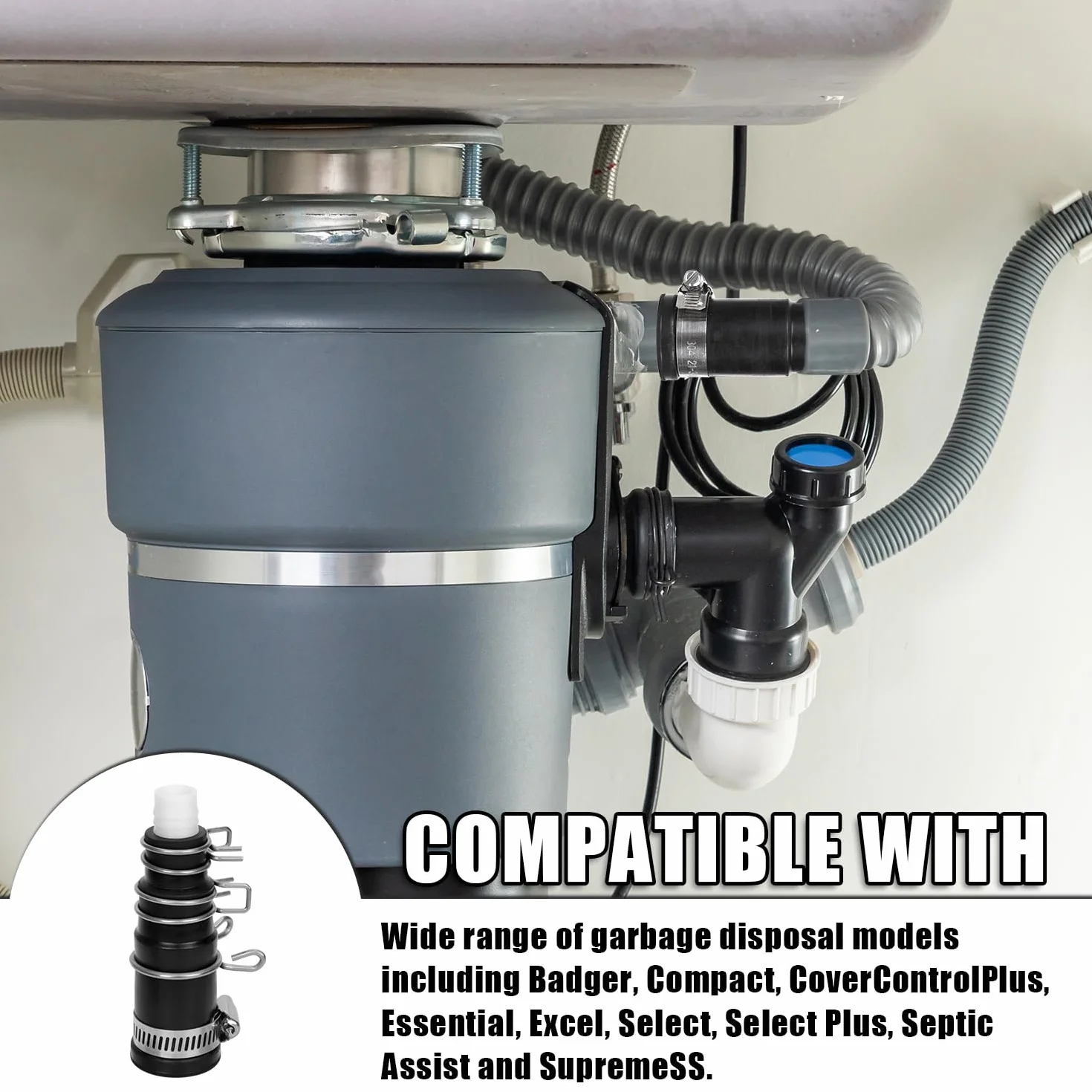 Adapter Weza Spustowego Zmywarki Kompatybilny z Insinkerator Pojemnikiem na Smieci, Zestawem Zlacza do Zmywarki Zawiera 1 Zlacze Wlotowe 1 Zacisk Weza i 3 Zaciski Sprezynowe