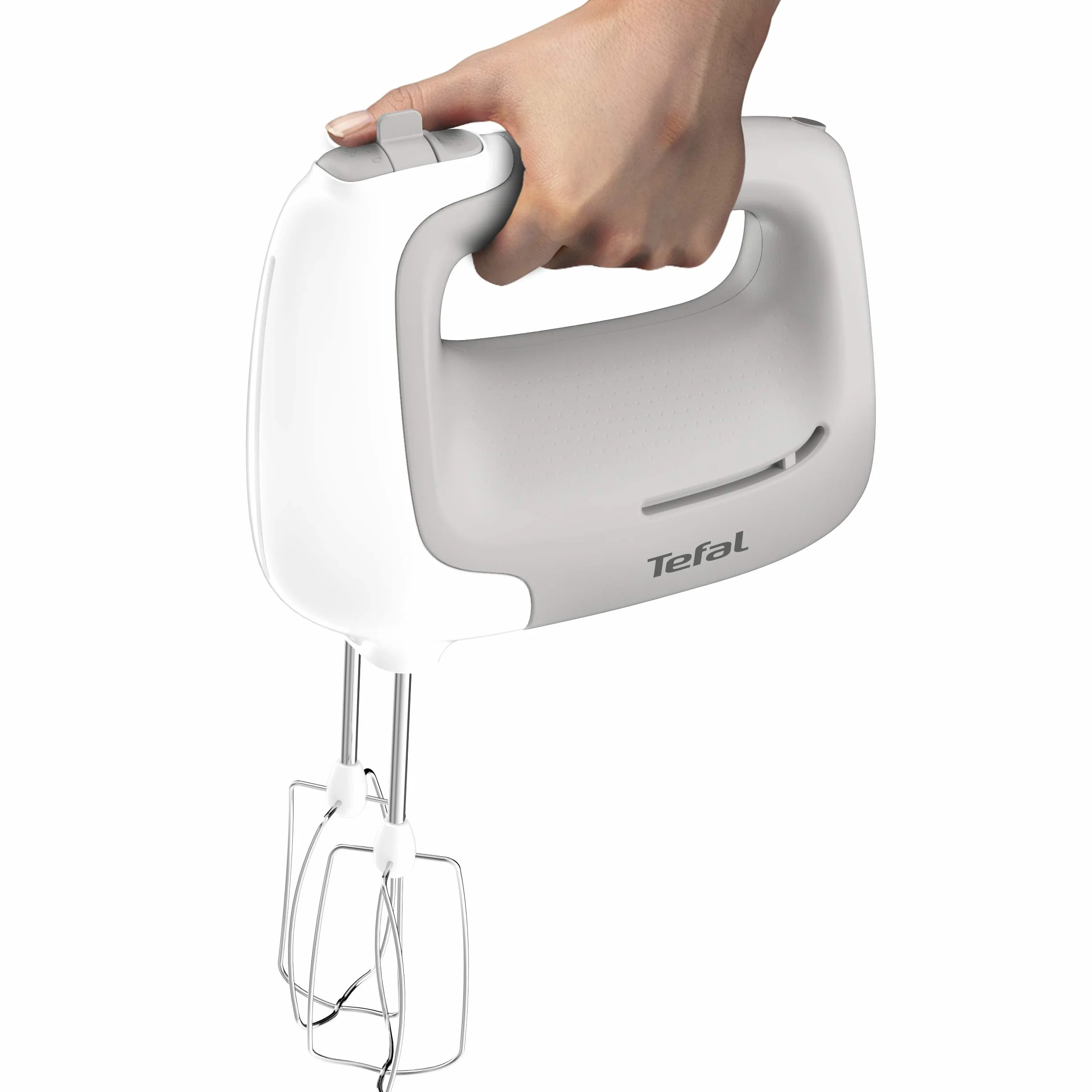 TEFAL HT450B PREP'MIX, mikser ręczny, 450W, 2 trzepaczki, 5 prędkości, 2 haki do zagniatania ciasta, ergonomiczny uchwyt, biały/szary