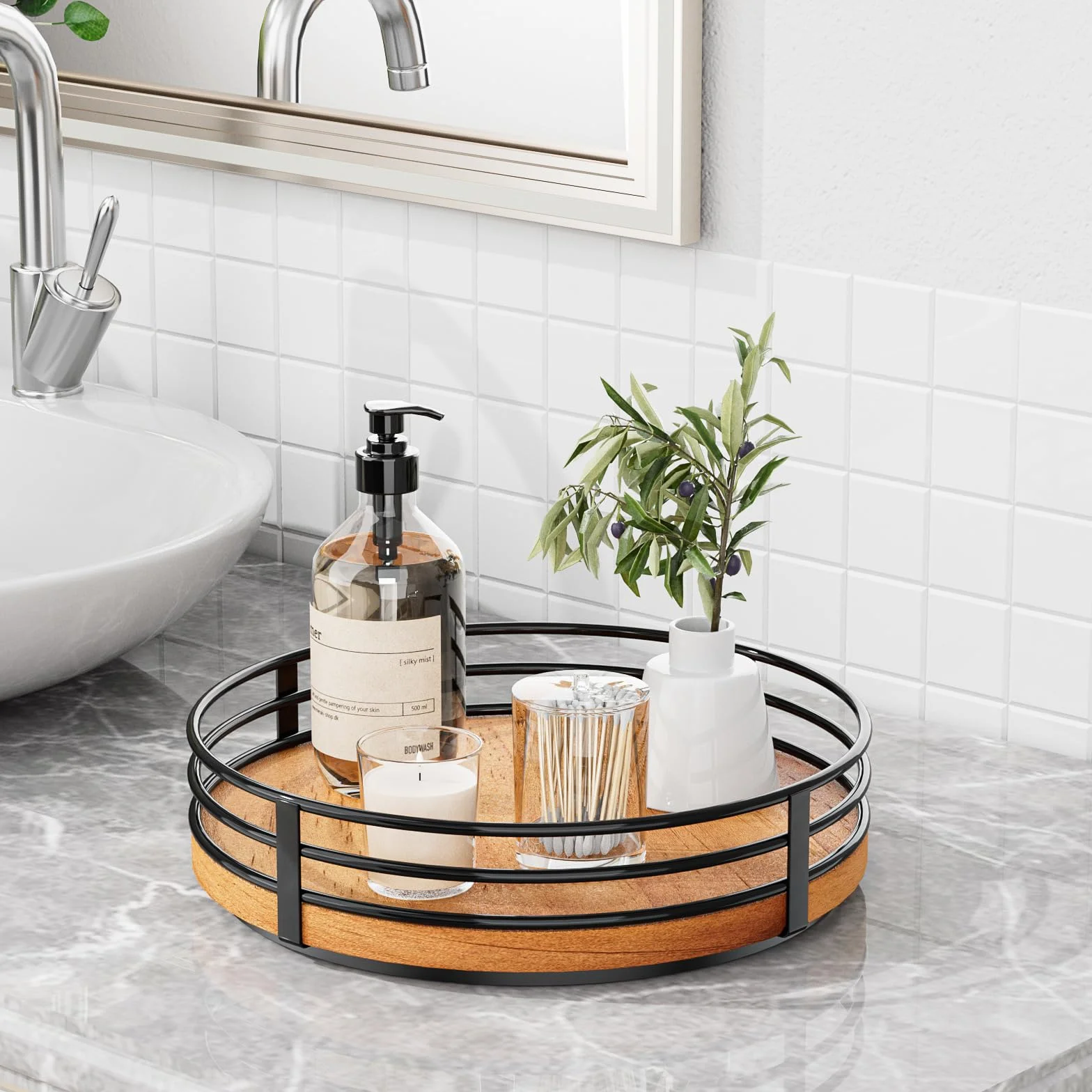 OVICAR Wood Lazy Susan Gramofon Organizer – 28 cm, okrągły, drewniany, leniwy Susan, do szafki, kuchni, stołu, spiżarni, łazienki, kawiarni, baru, przechowywania przypraw, dekoracja domu
