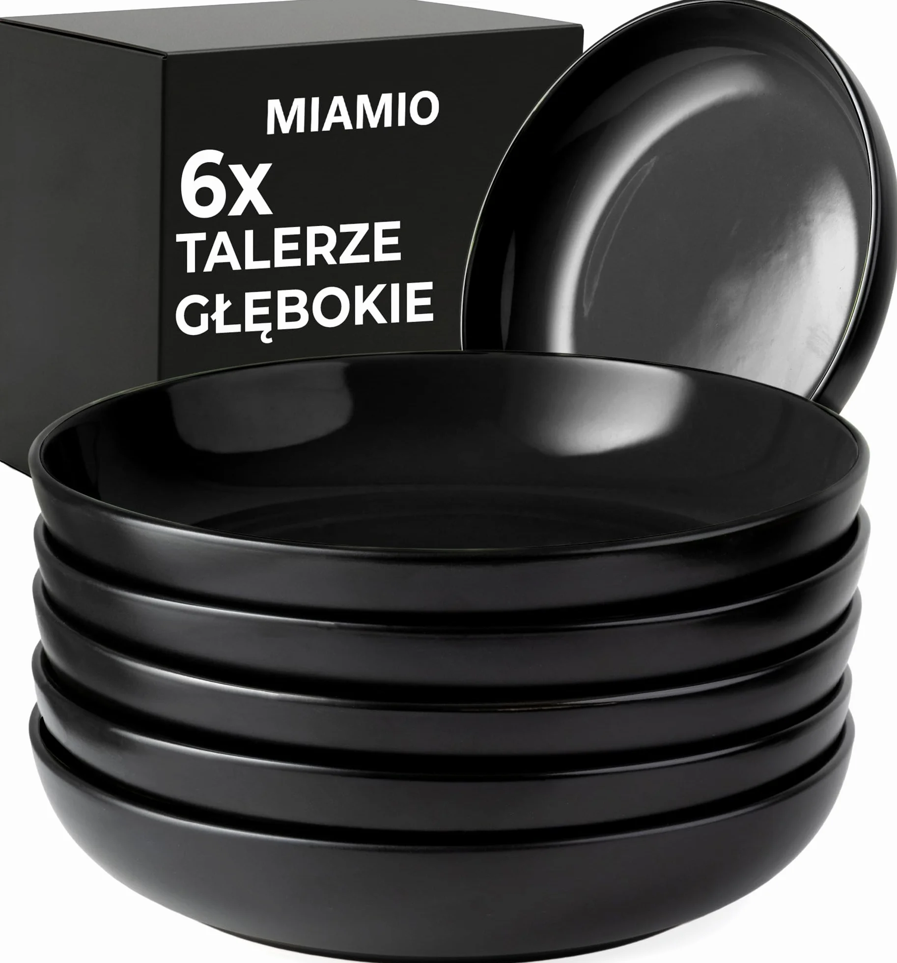 MIAMIO – 900 ml / 22 cm Zestaw 6 misek do makaronu i sałatek, szerokie i płytkie talerze z ceramiki – kolekcja Le Papillon- (Czarny)